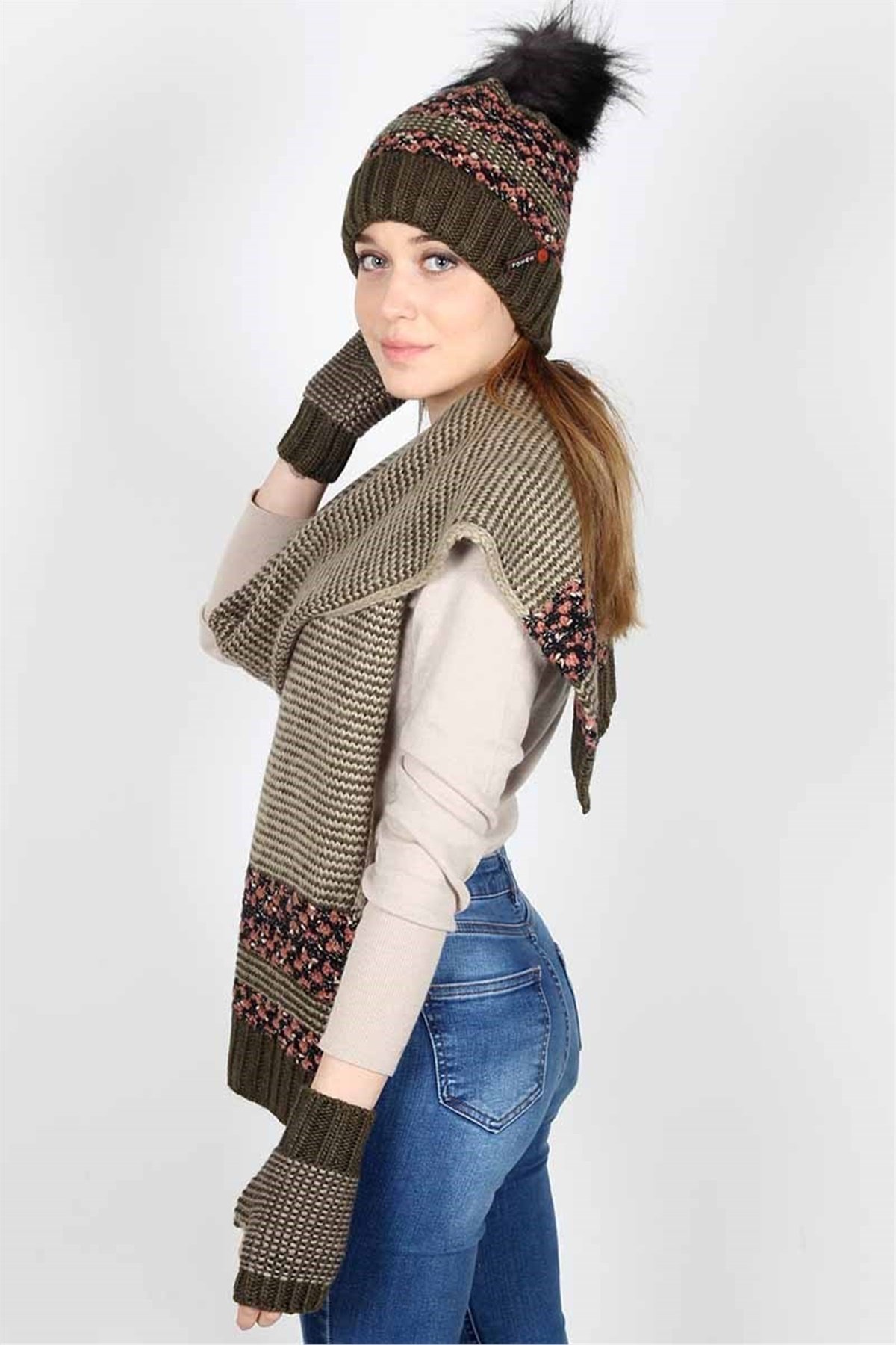 Yakamoz Kadın Atkı Bere Eldiven Takımı 3074 - Haki