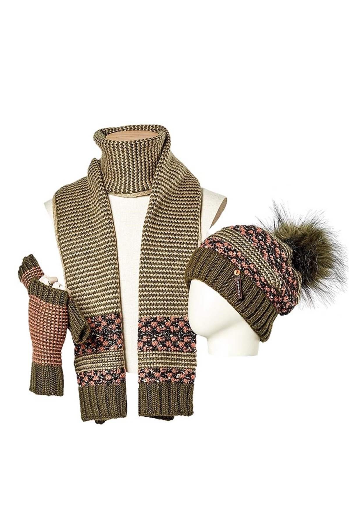 Yakamoz Kadın Atkı Bere Eldiven Takımı 3074 - Haki