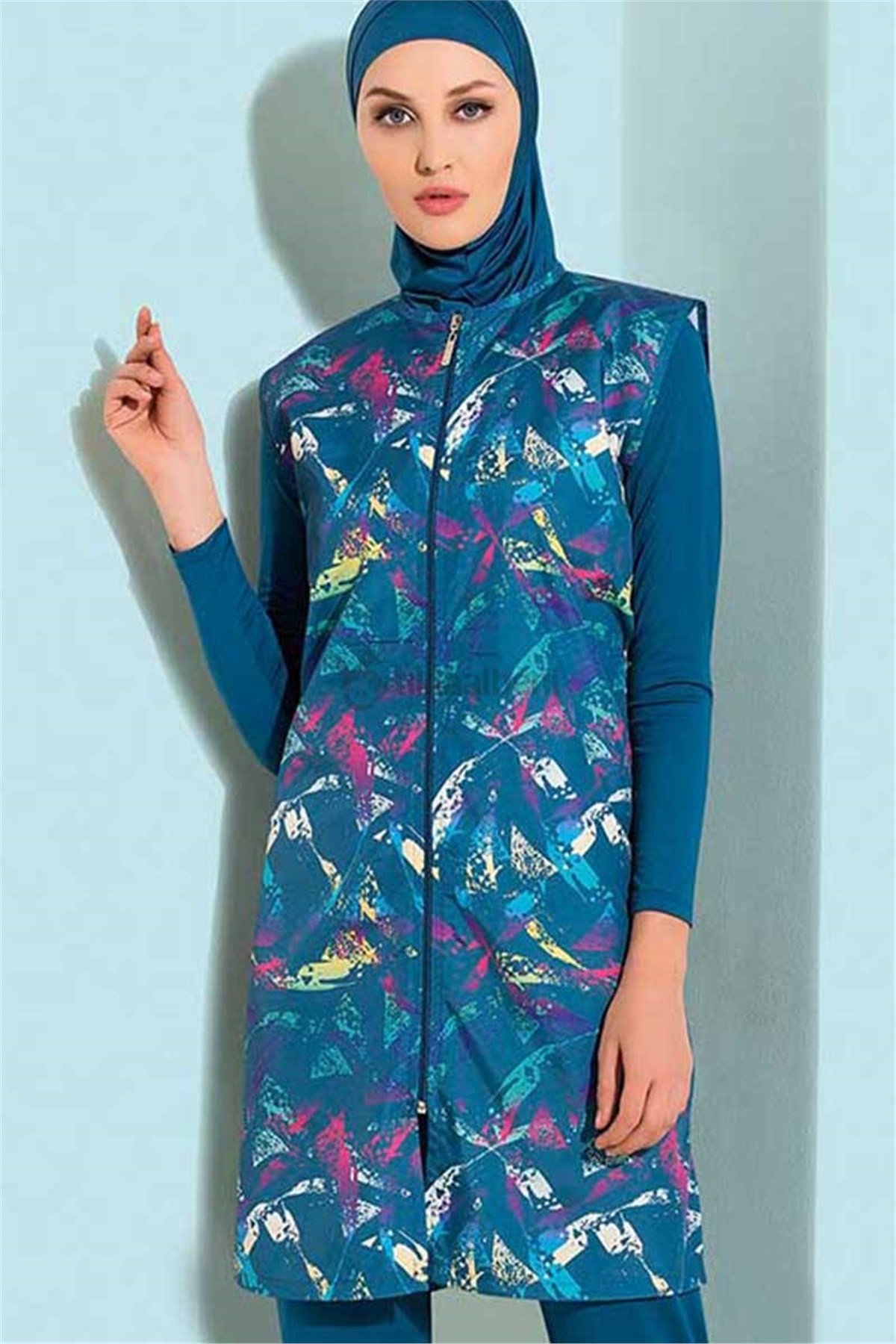 Yelekli Haşema, Yelekli Tesettür Mayo Pastel 70790 Petrol