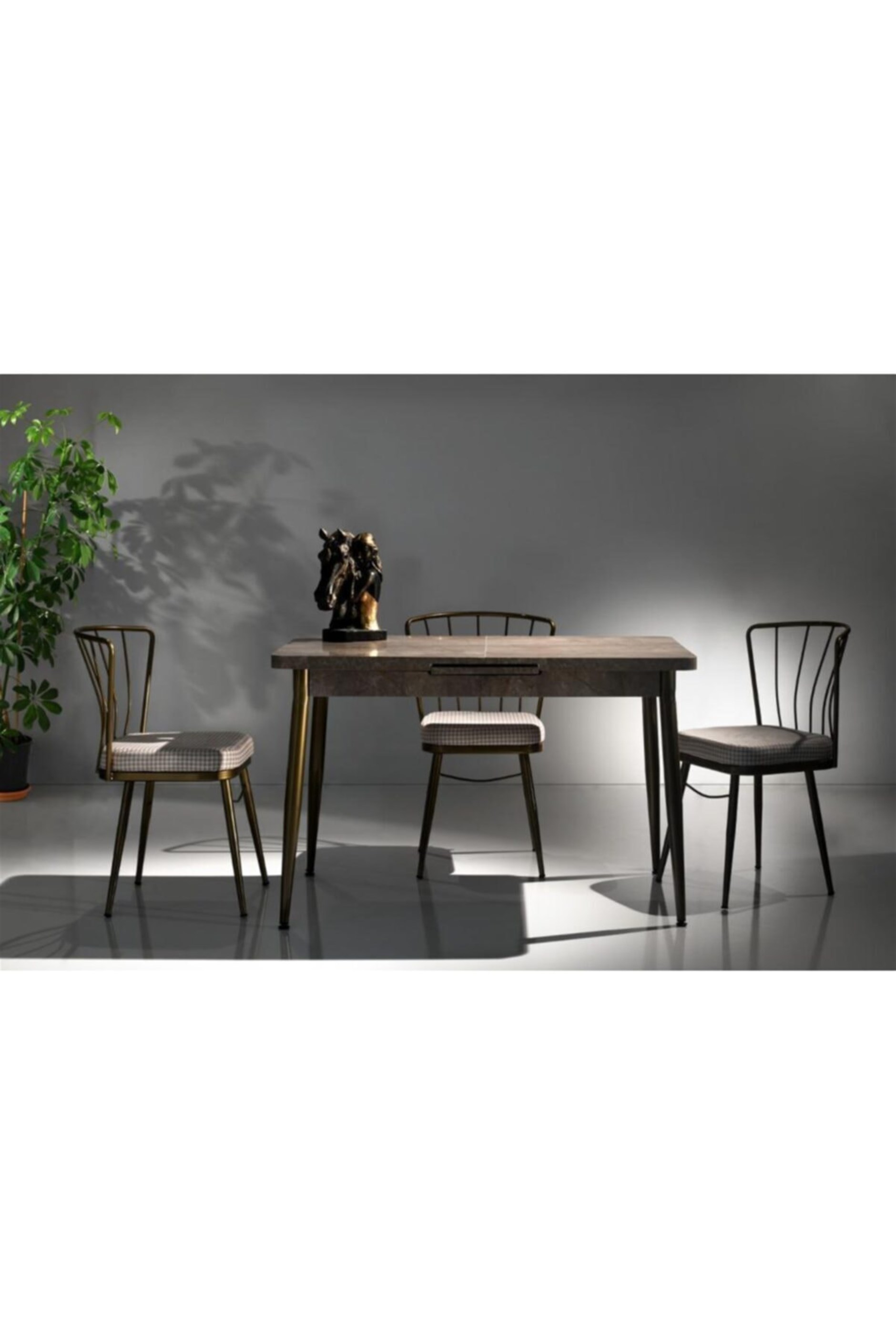  Modern Bronz Mermer Desen Açılır Mutfak Masası 70x120 Ve 4 Sandalye 