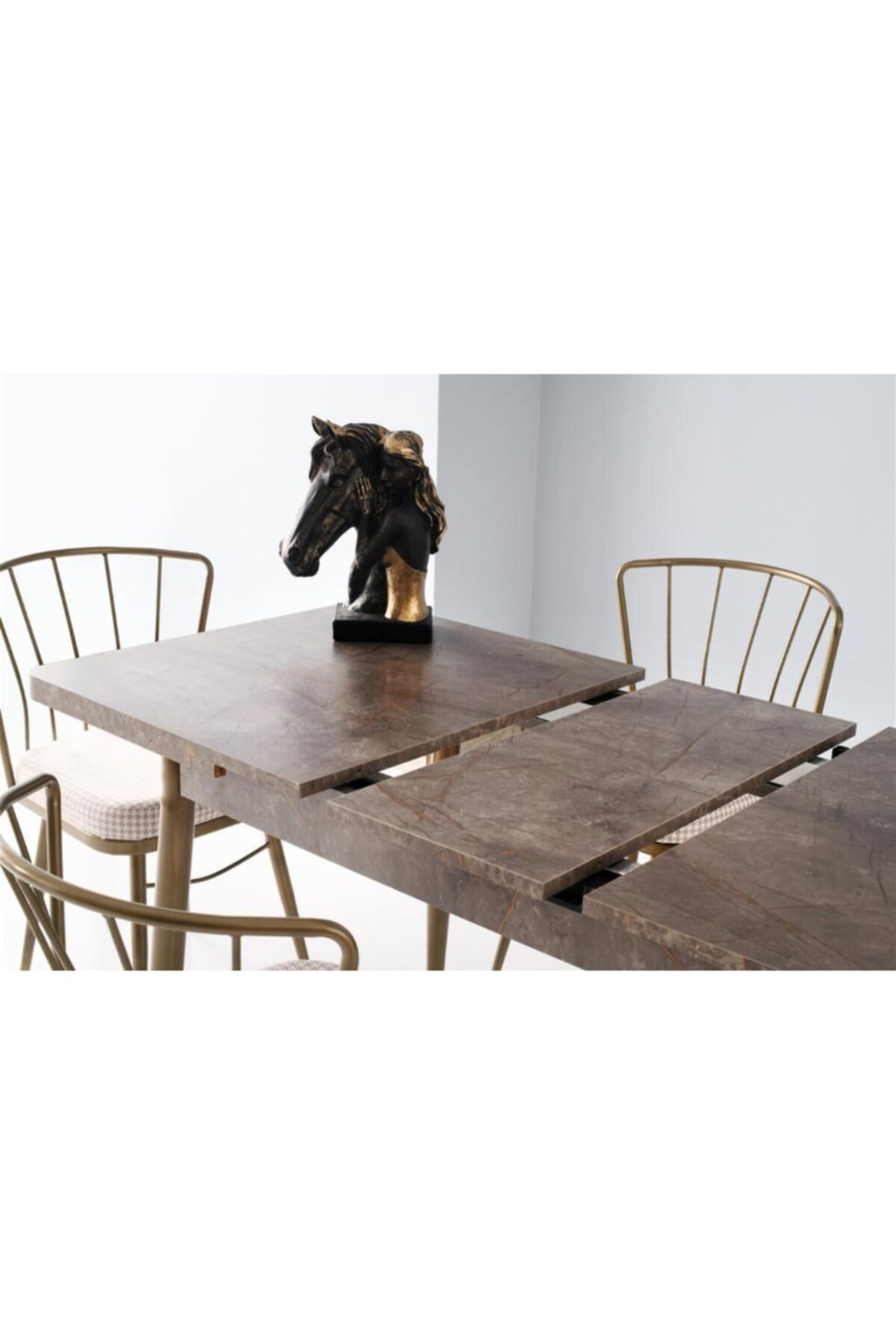  Modern Bronz Mermer Desen Açılır Mutfak Masası 70x120 Ve 4 Sandalye 