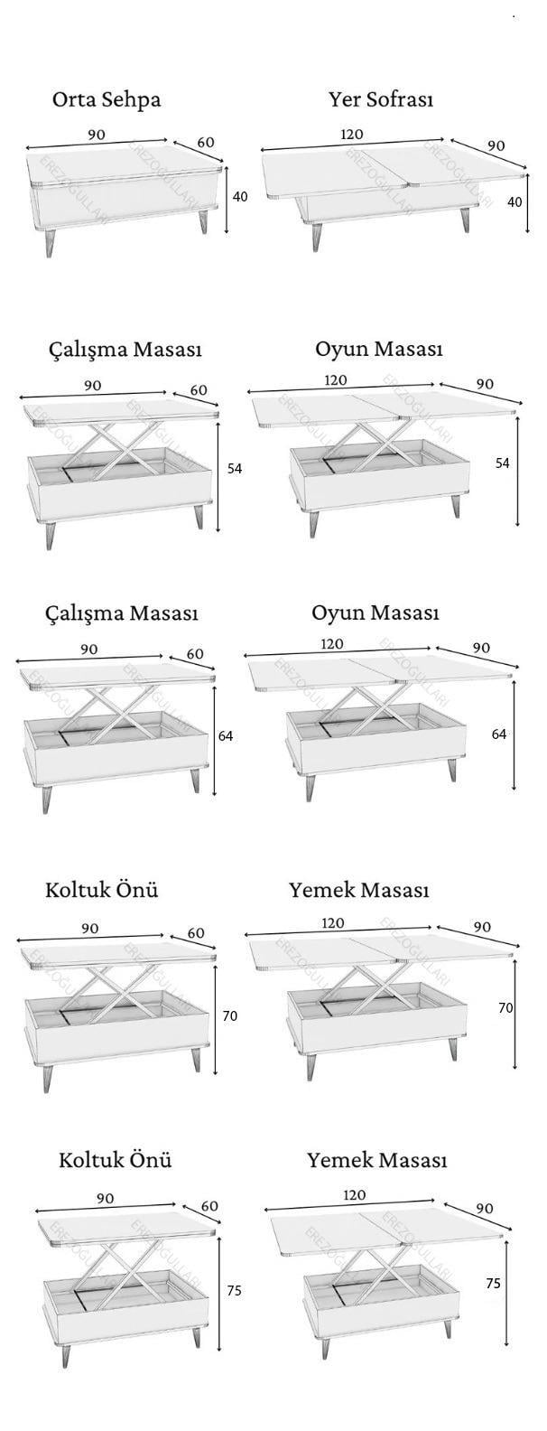 Aras 5 Kademeli Tekerlekli Akıllı Sihirli Orta Sehpa 60x90