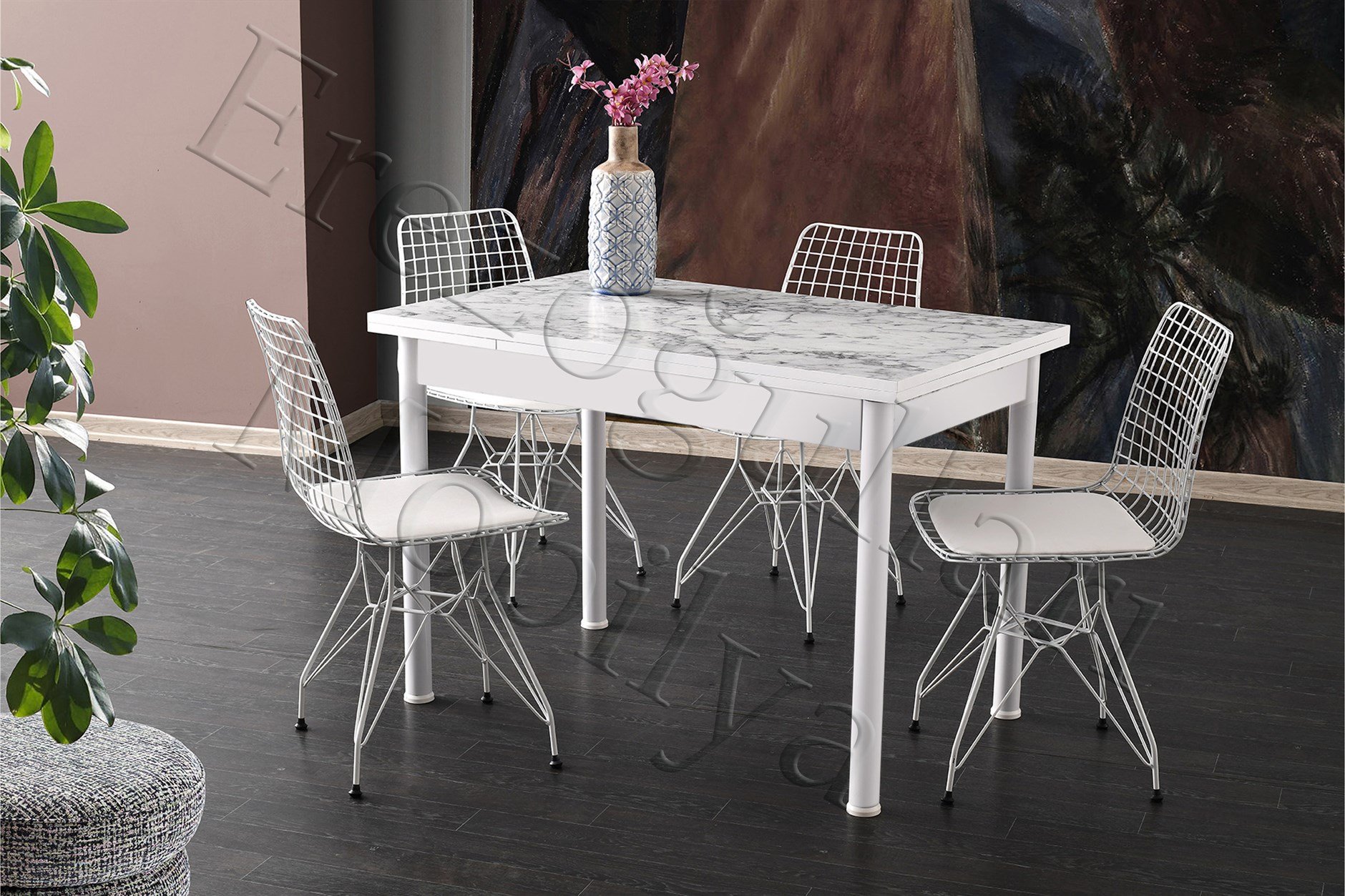 Ekonomik Smart Mermer Desen Mutfak Masa Sandalye Takımı 70x110cm