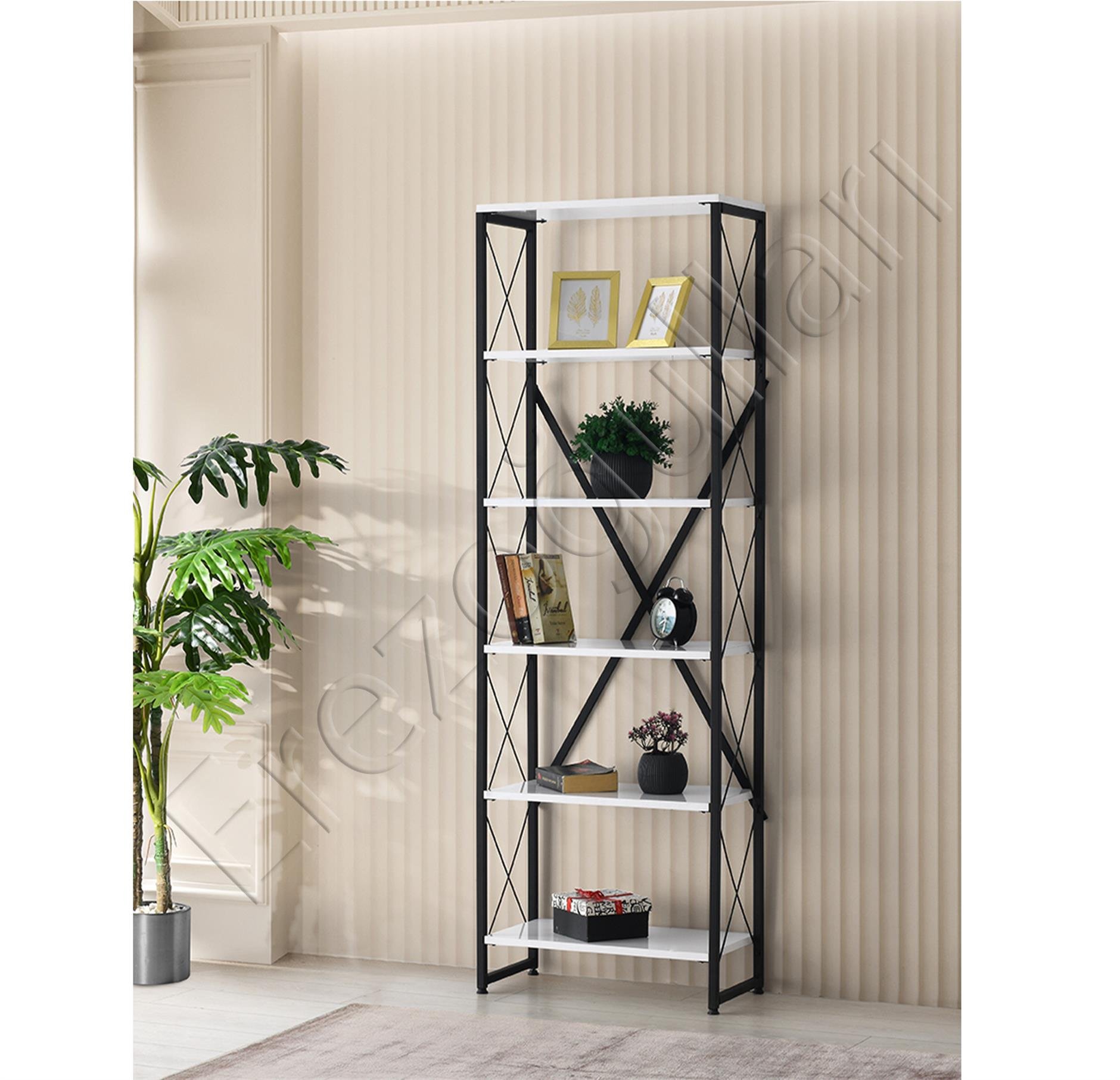 Ferforje Ahşap 5 Raflı Kitaplık 60x30x180