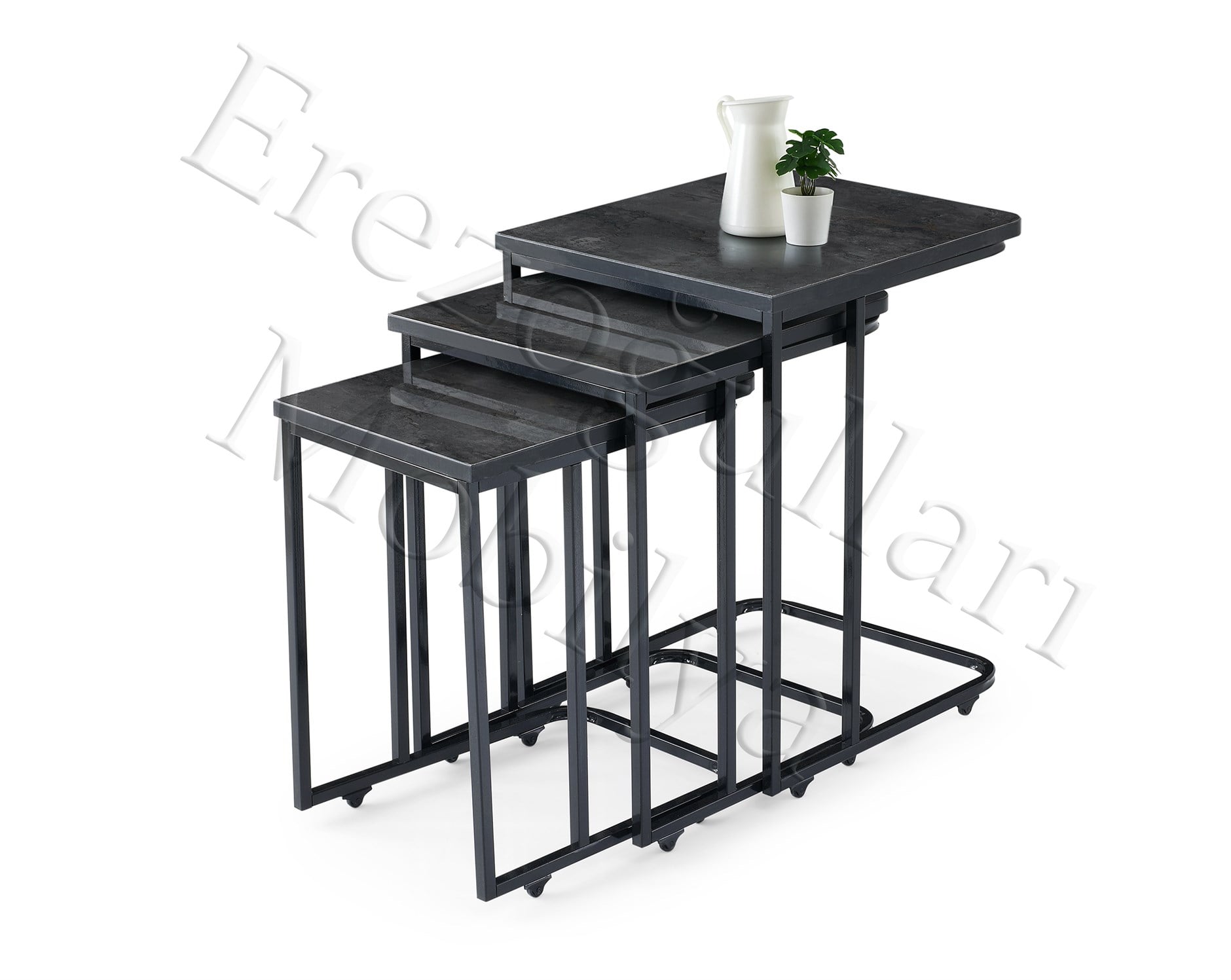 High Gloss Parlak Mermer Desen 3lü C Zigon Sehpa