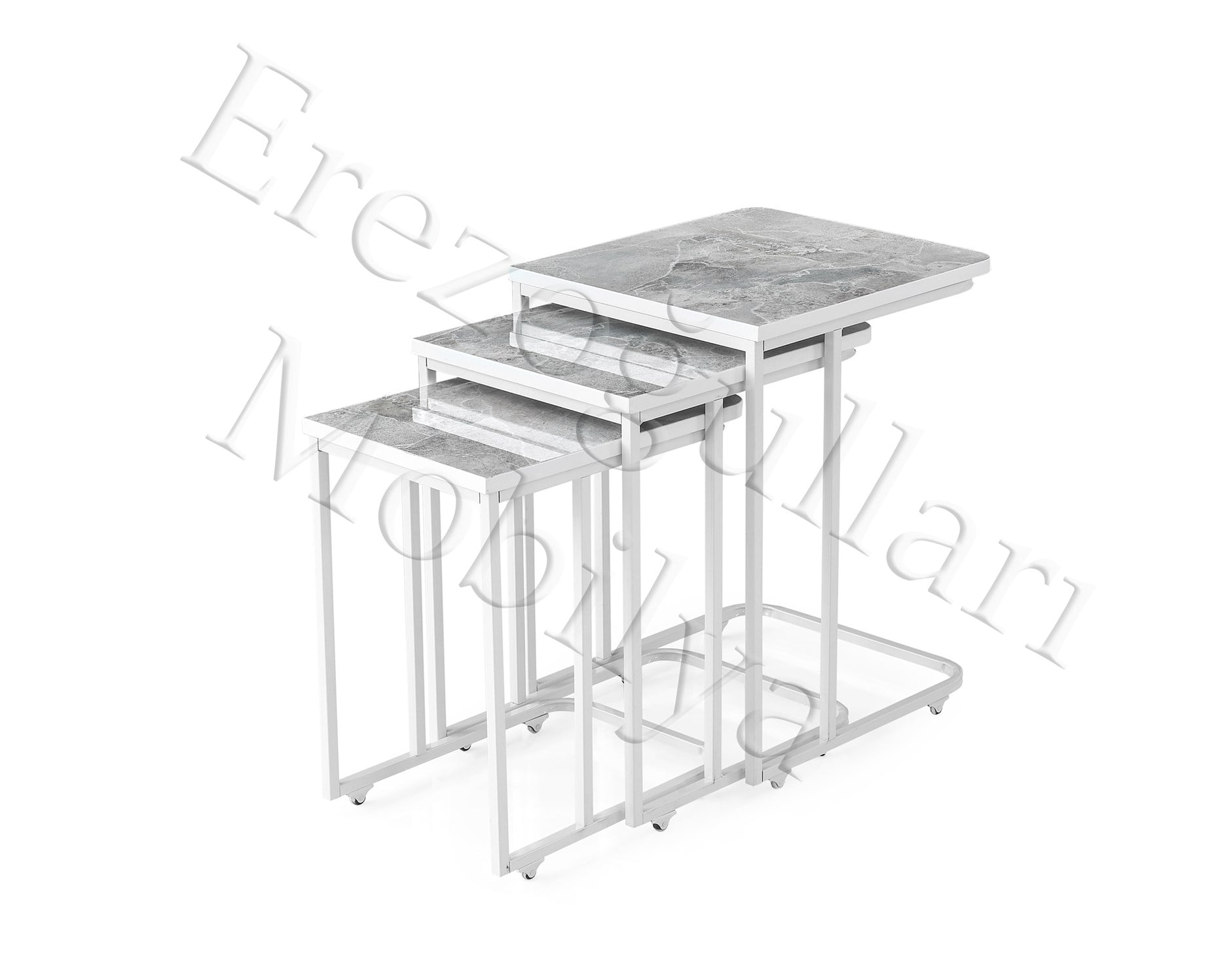 High Gloss Parlak Mermer Desen 3lü C Zigon Sehpa