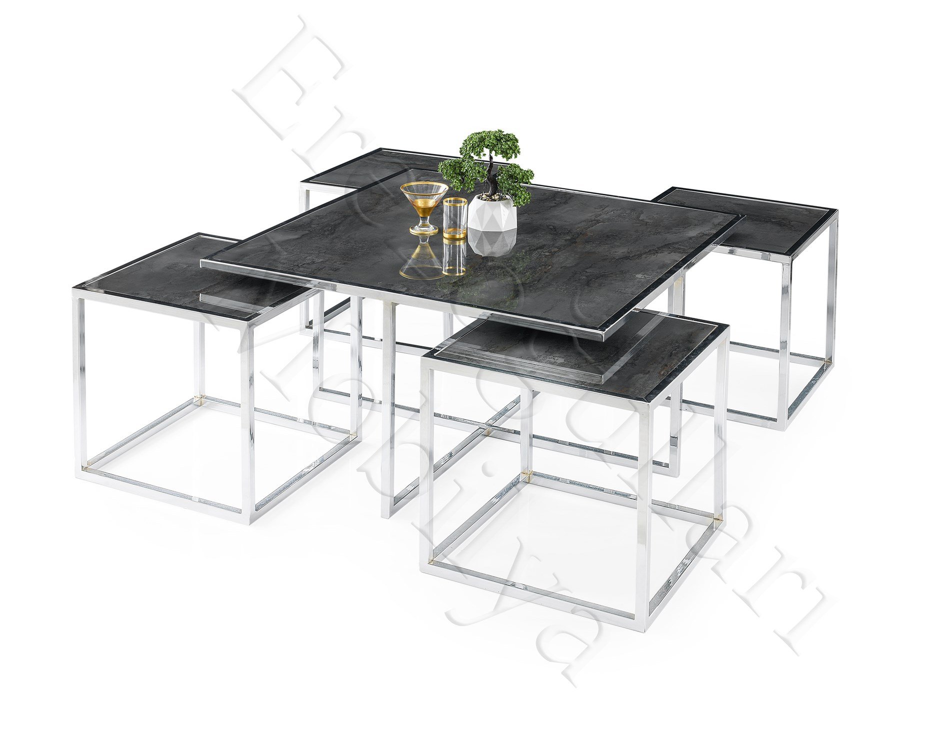 Kares 4 Zigonlu Orta Sehpa Metal Krom 90x90x47cm