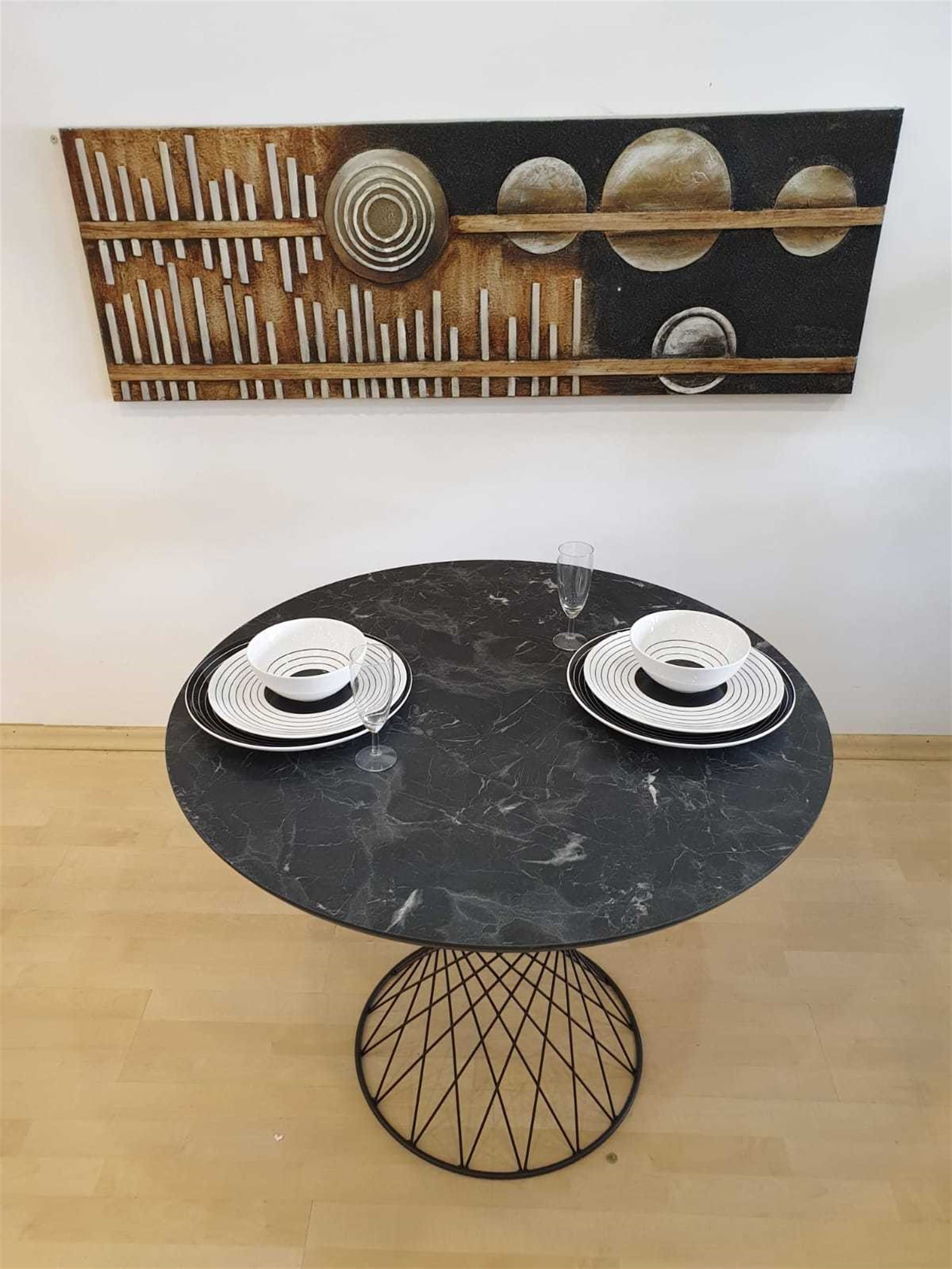 Modern Mermer Desen Yuvarlak Mutfak Masası Ve 4 Adet Sandalye