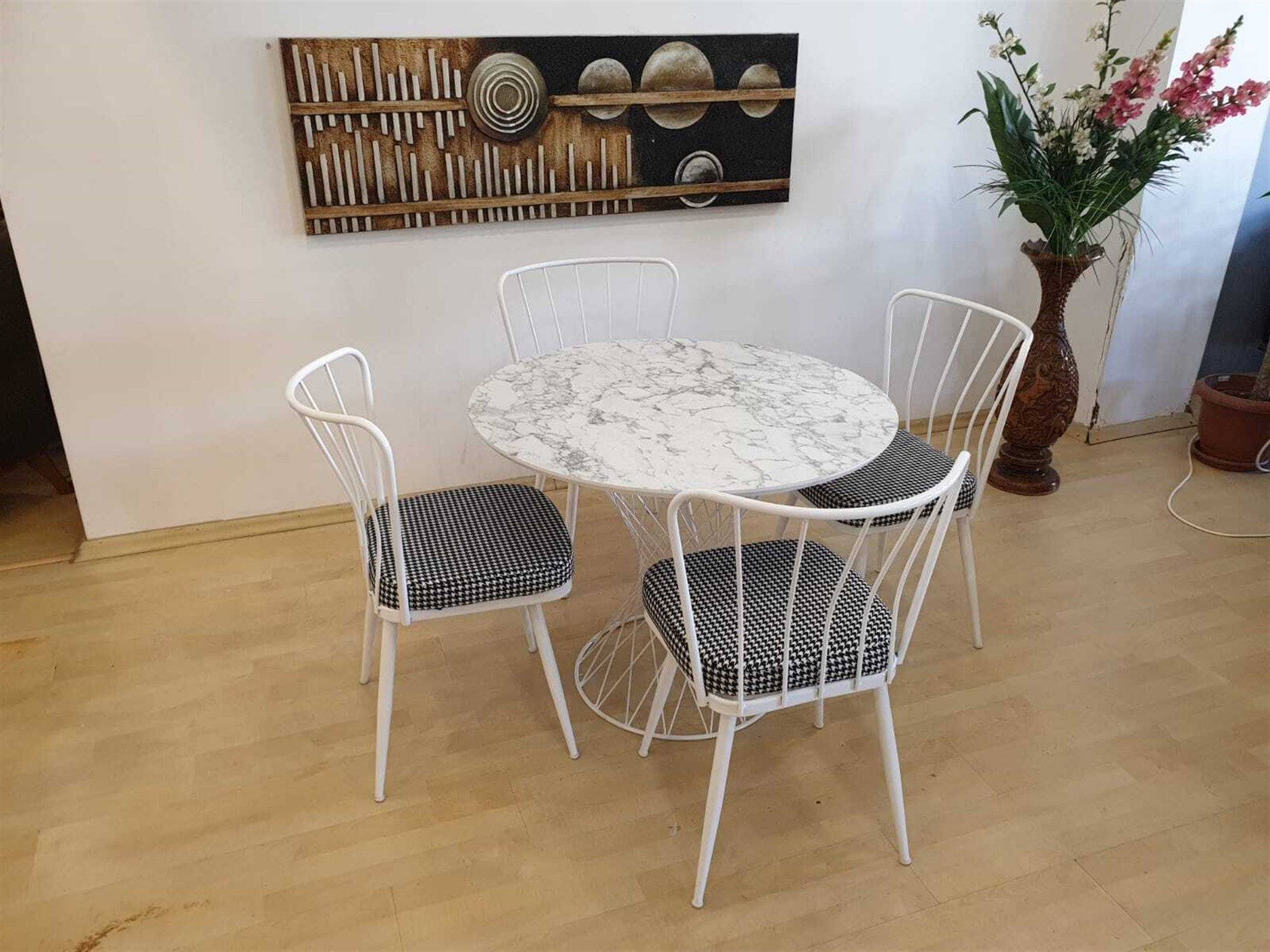Modern Mermer Desen Yuvarlak Mutfak Masası Ve 4 Adet Sandalye