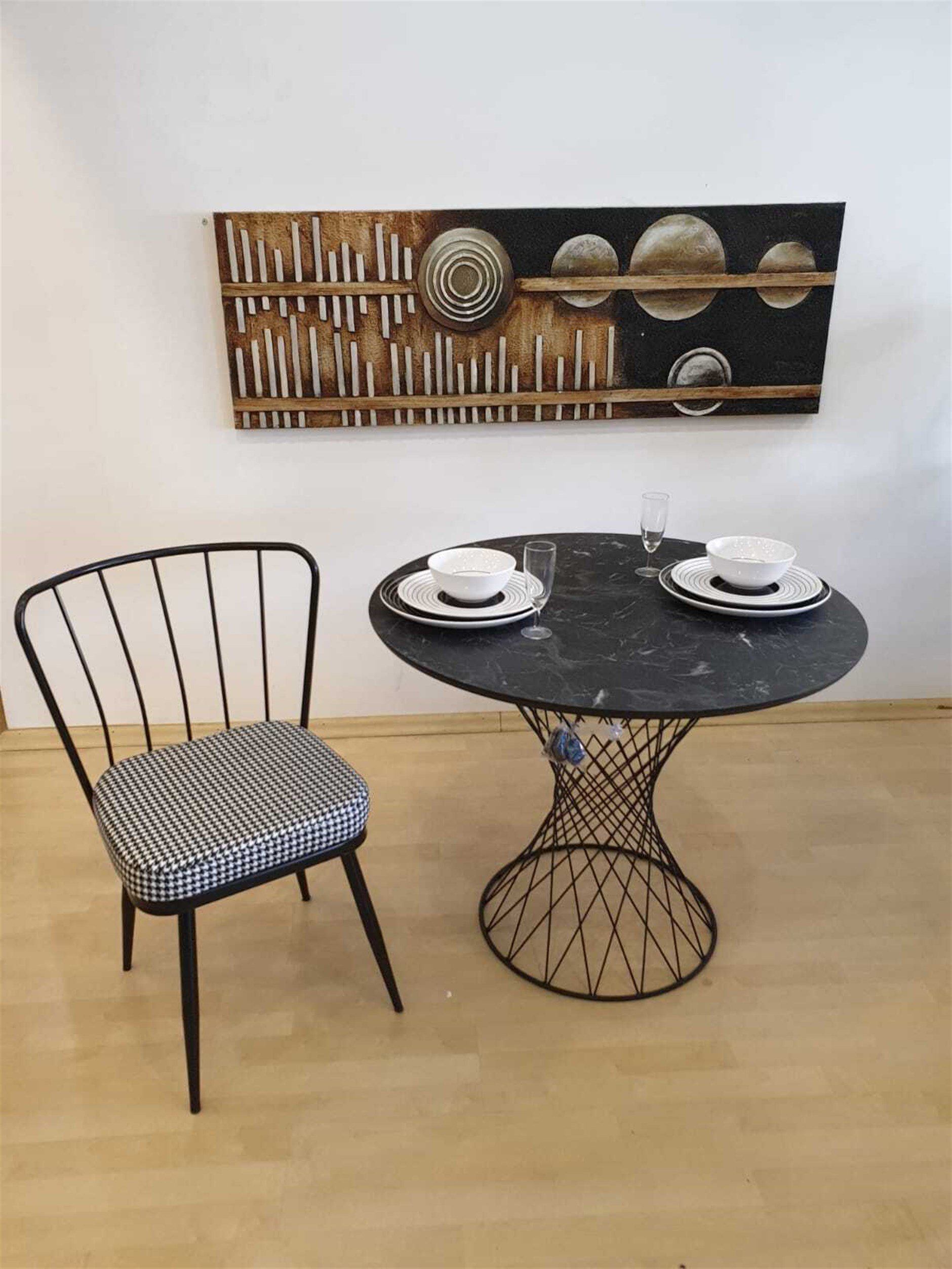 Modern Mermer Desen Yuvarlak Mutfak Masası Ve 4 Adet Sandalye