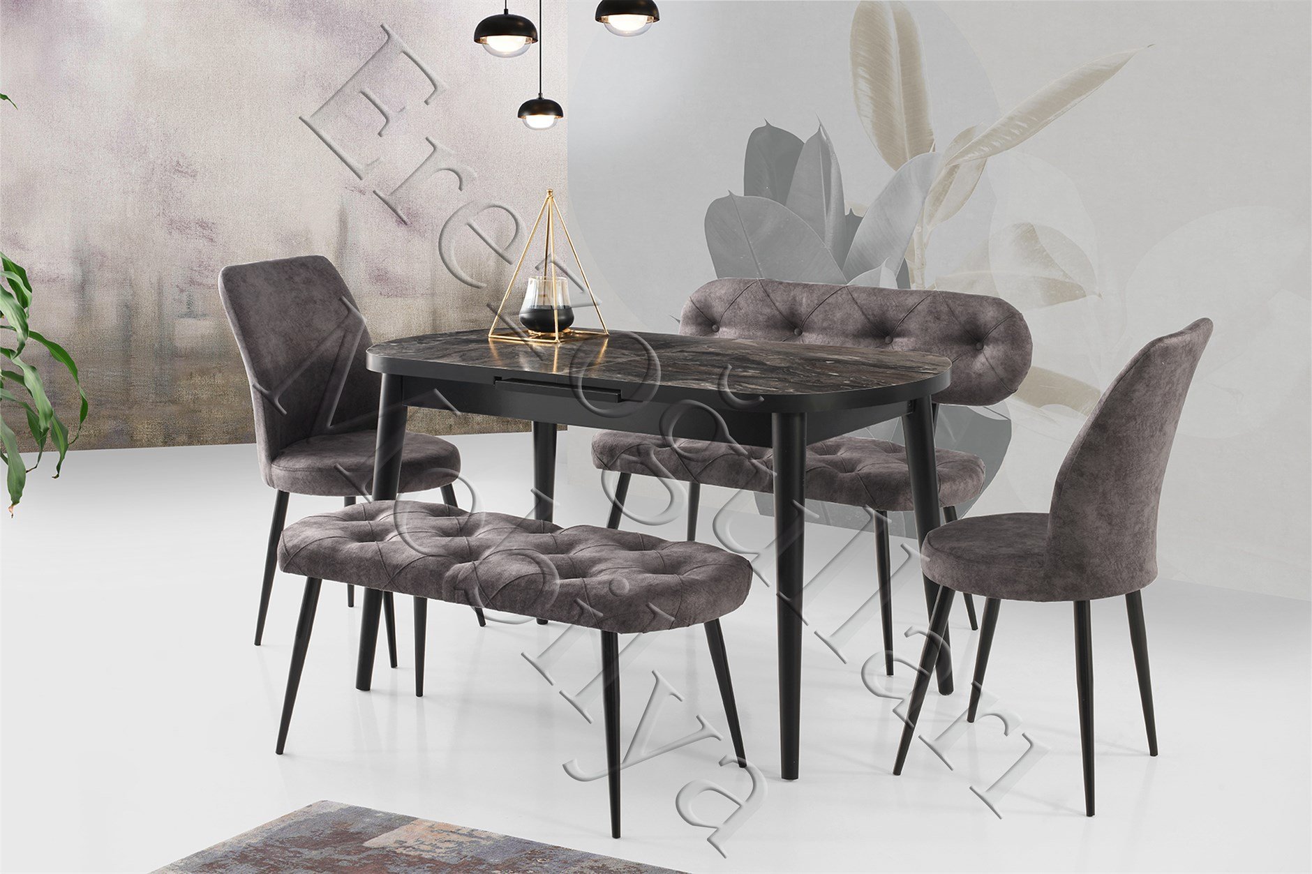 Nisa Oval Mutfak Masa Banklı Sandalye Takımı 75x130cm