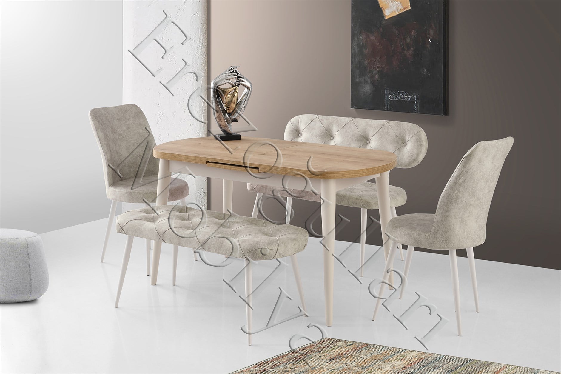 Nisa Oval Mutfak Masa Banklı Sandalye Takımı 75x130cm