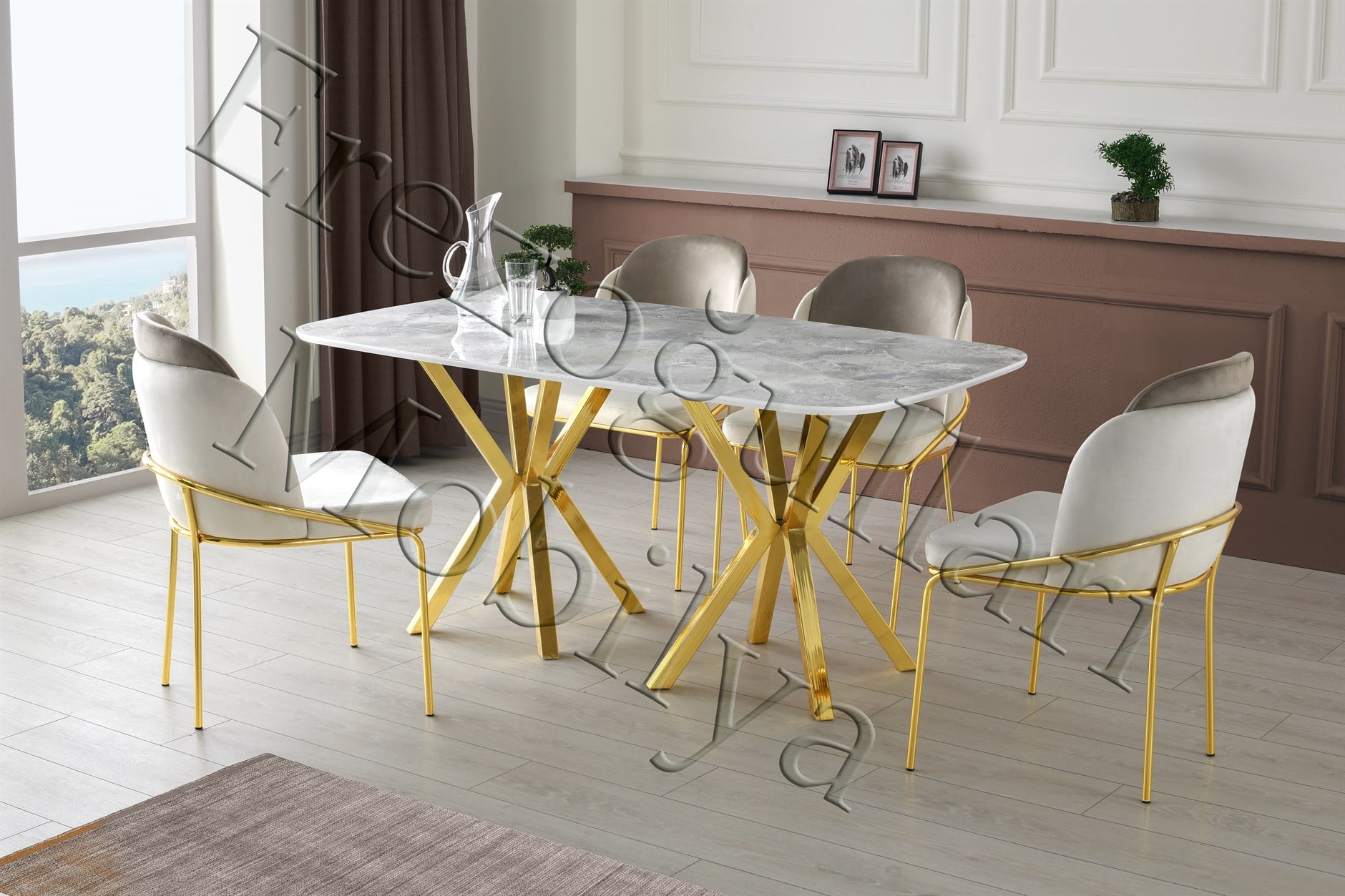 Royal Masa High Gloss Krom Mutfak Masa 4 Sandalye Seti 90*140