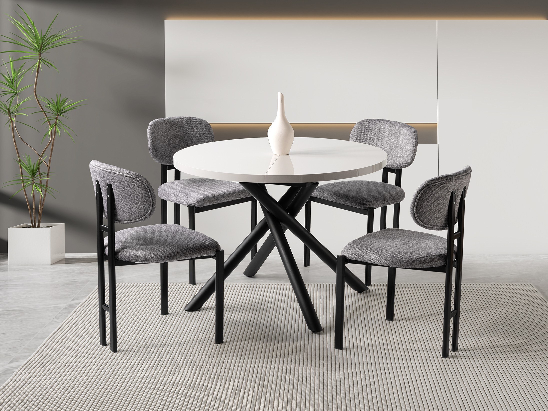 Truva Sis Gri Yuvarlak Açılır MDF Mutfak Masa Sandalye Takımı 104cm