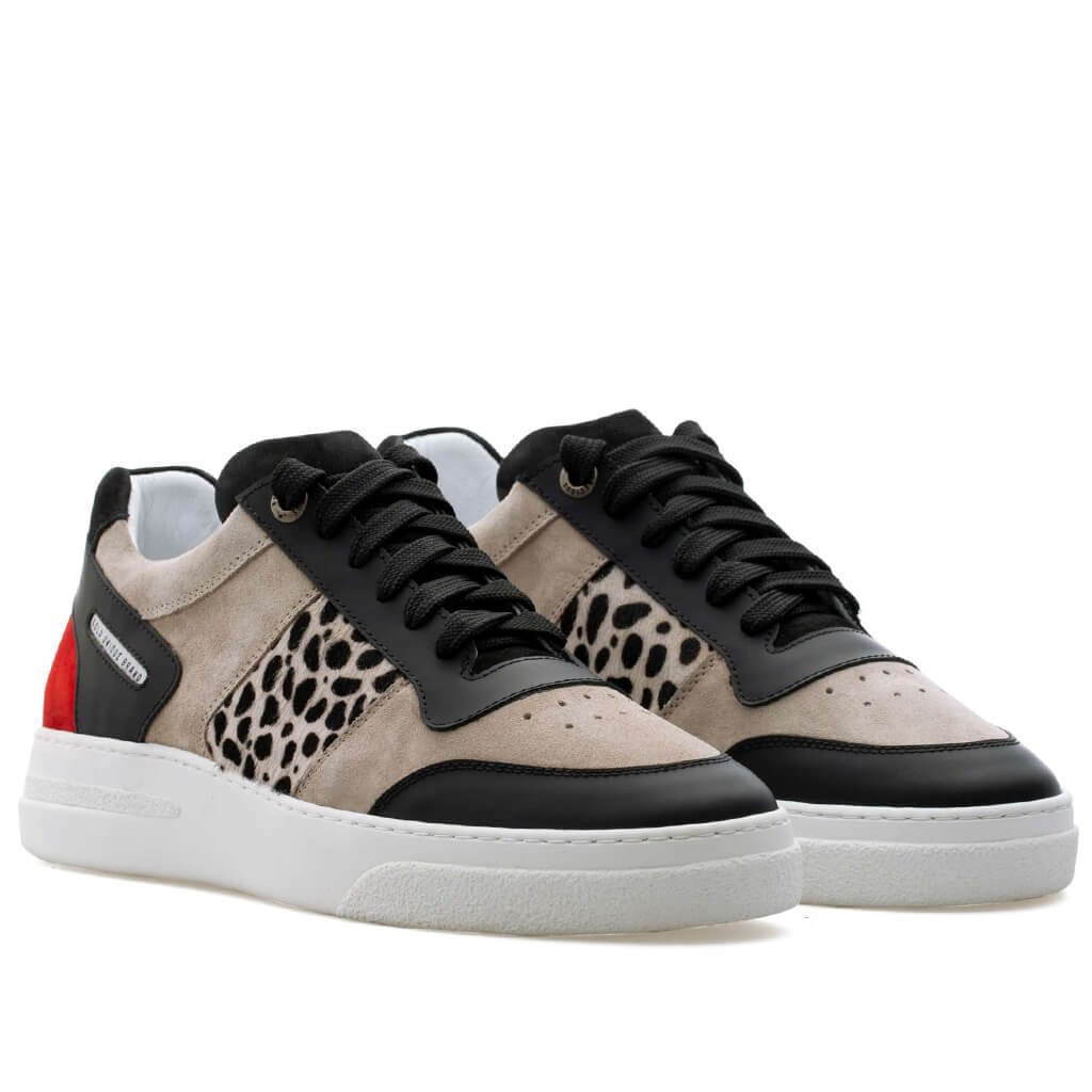 Bub Cray - Bej, Kırmızı Süet, Siyah Deri, Dana Tüyü Leopar Baskılı Erkek Sneaker  