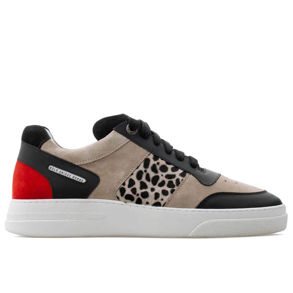 Bub Cray - Bej, Kırmızı Süet, Siyah Deri, Dana Tüyü Leopar Baskılı Erkek Sneaker  