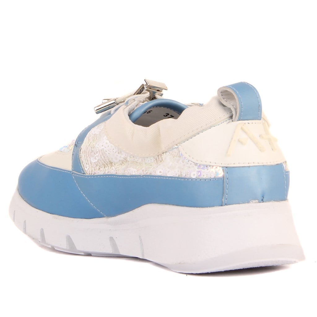 Özel Üretim - Beyaz, Açık Mavi Deri, Pullu Kadın Sneaker