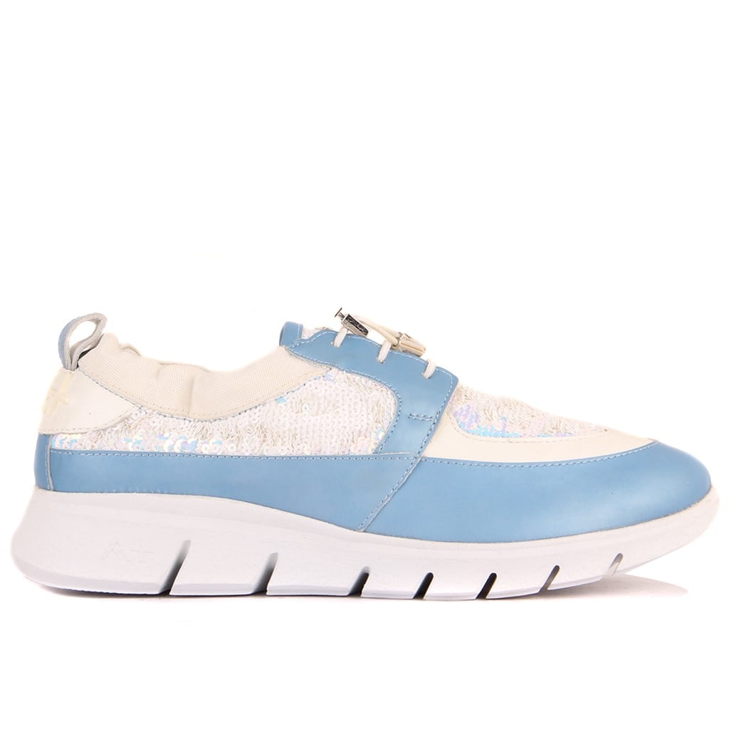Özel Üretim - Beyaz, Açık Mavi Deri, Pullu Kadın Sneaker