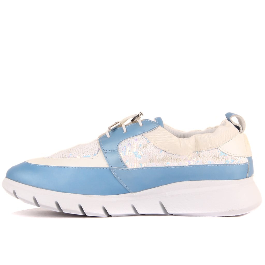 Özel Üretim - Beyaz, Açık Mavi Deri, Pullu Kadın Sneaker