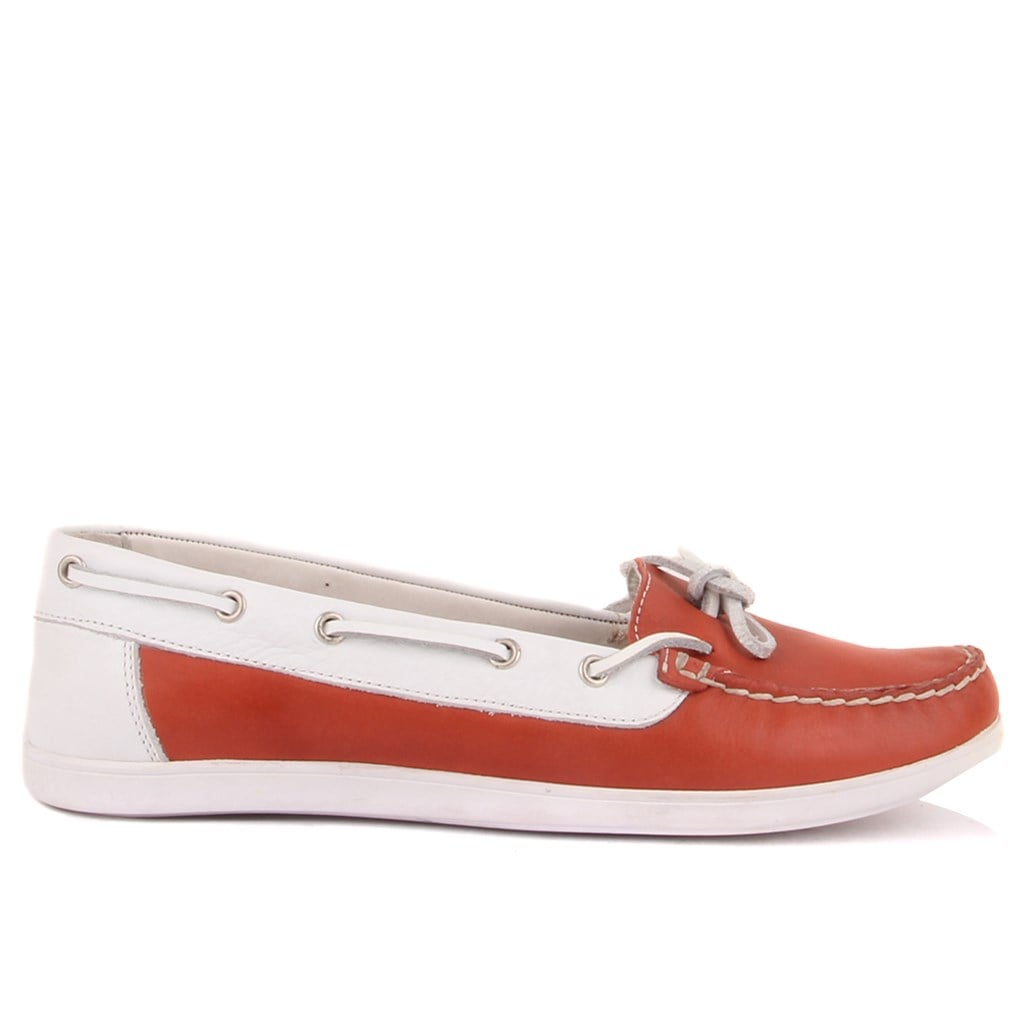 Sail Lakers - Kiremit Rengi, Beyaz Deri Kadın Günlük Ayakkabı 