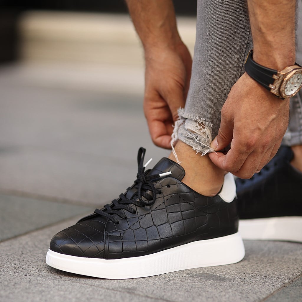 Sail Lakers - Siyah Deri Croco Bağcıklı Erkek Sneaker