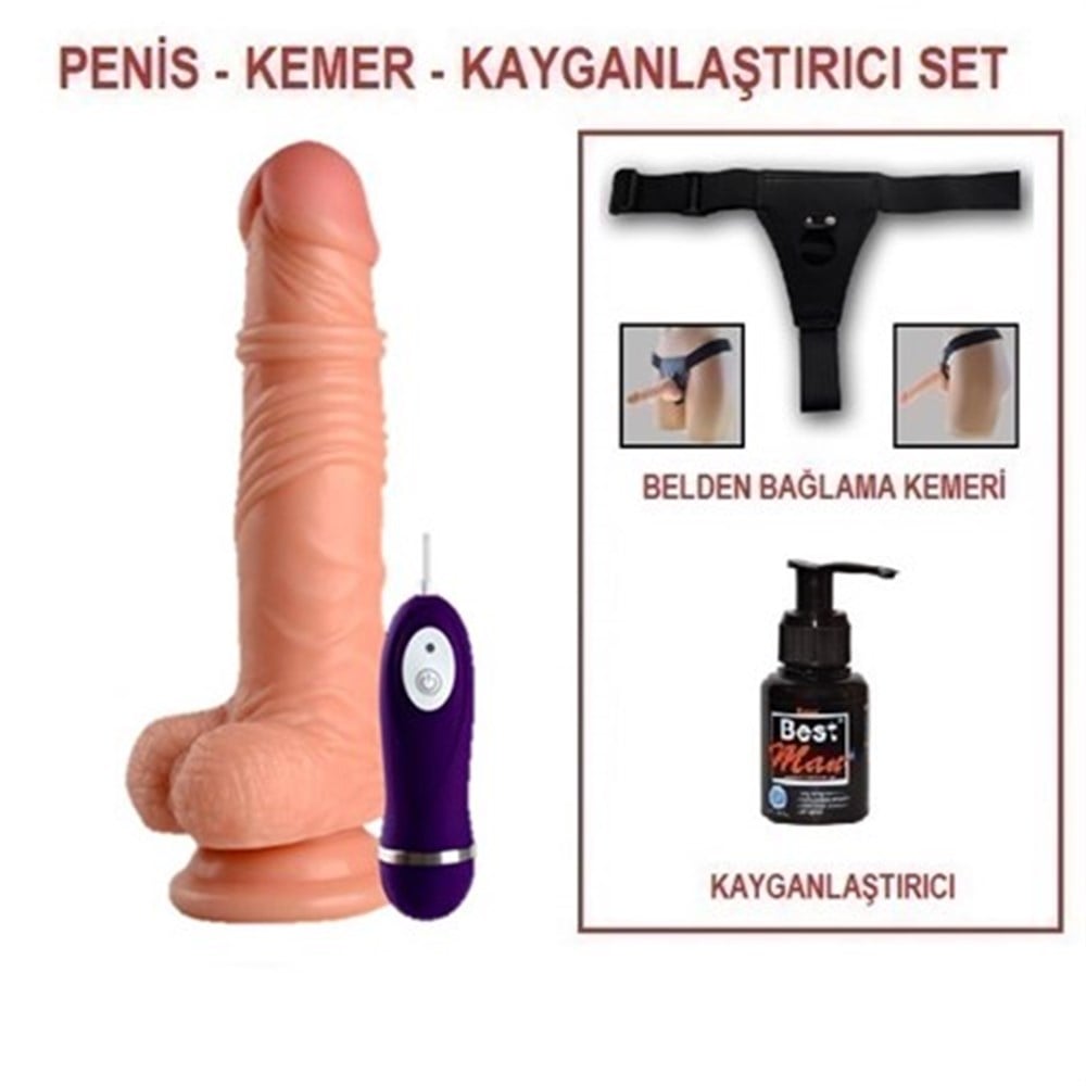 19 cm Belden Bağlamalı Titreşimli Realistik Dildo Penis Set