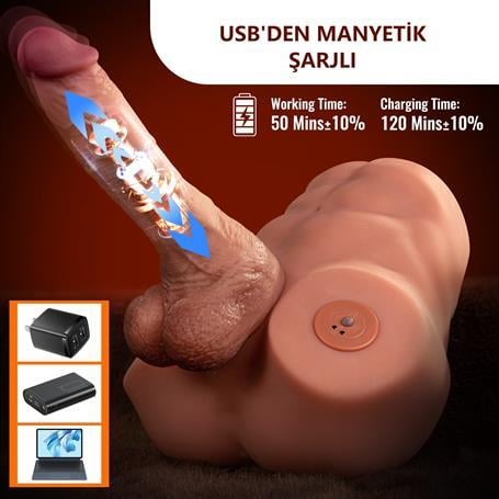 2 İşlevli Realistik 21,5 cm İleri Geri Hareket Penisli Anal Girişli Erkek Kalça - Jonah