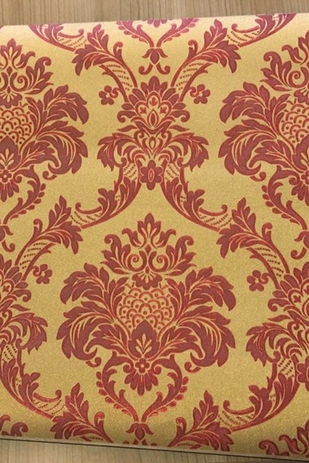 Altın Bordo Varaklı Damask Desenli Duvar Kağıdı D-98656
