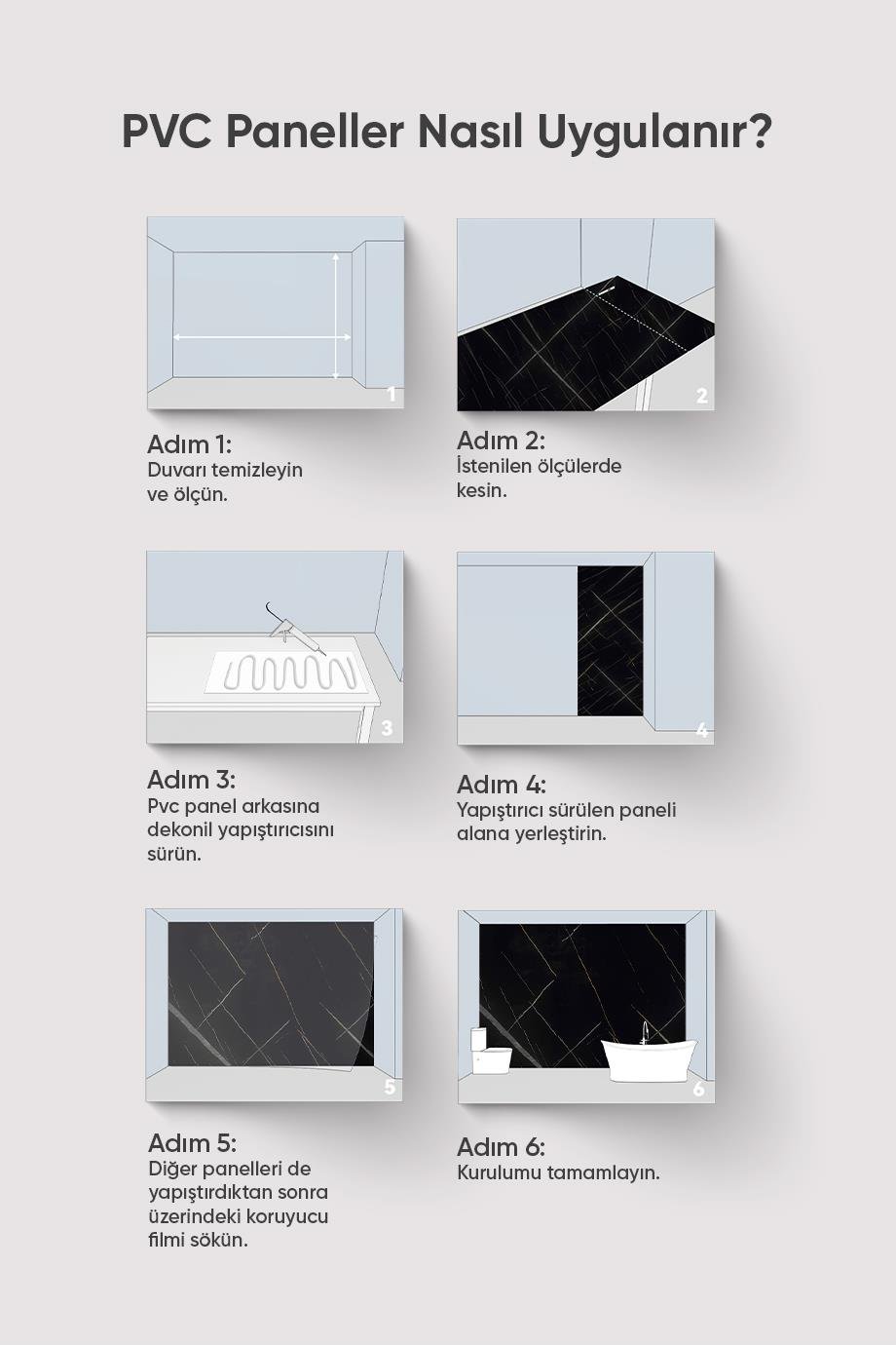 Black White Grey Mermer Desenli Pvc Duvar Paneli 122*244cm