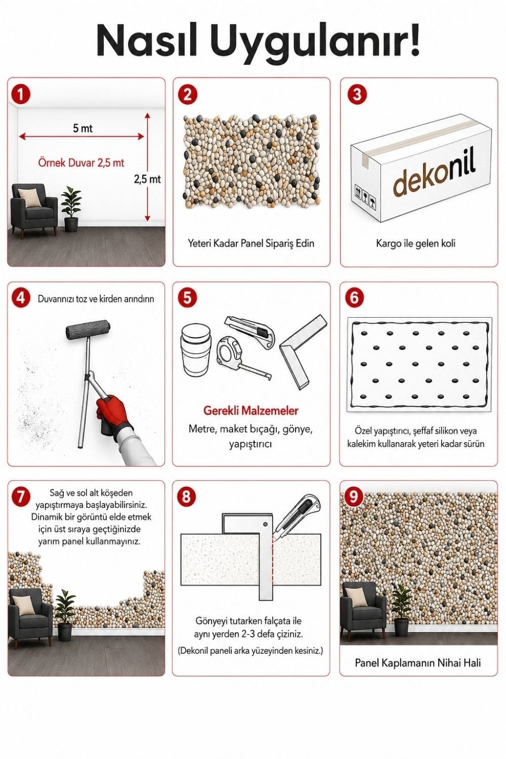 Çakıl Taşı Desenli 3D Poliüretan Duvar Paneli 60*120*2,5 cm