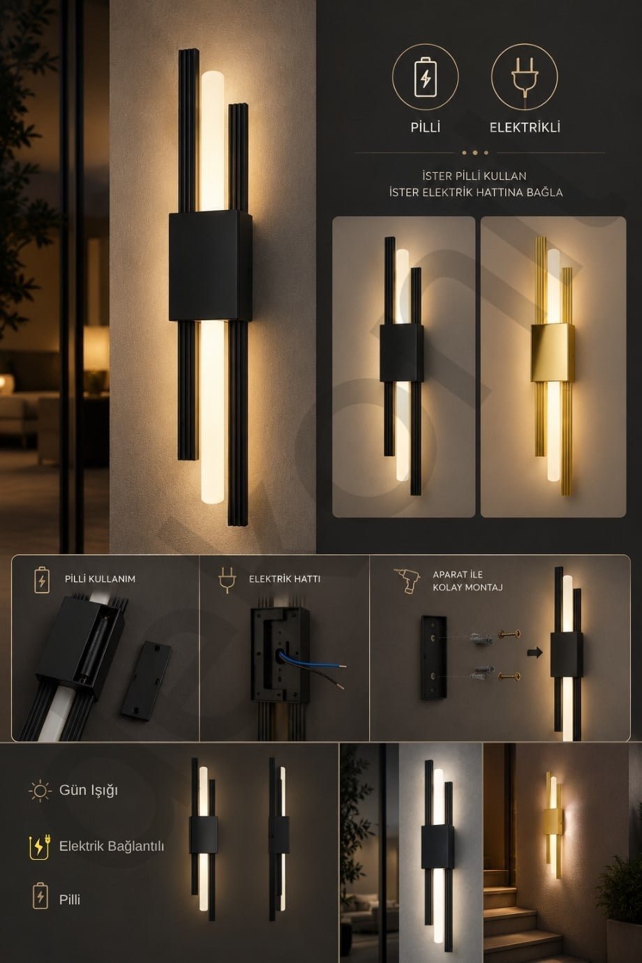 Dekolight Pilli ve Elektrikli Kullanılabilen Siyah LED Duvar Aplik