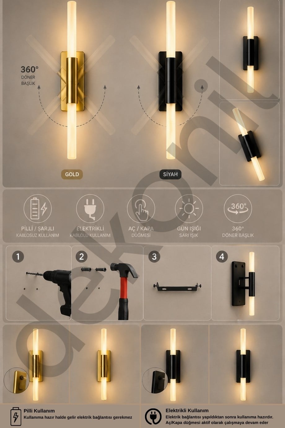 Dekorise Pilli ve Elektrikli Kullanılabilen Gold LED Duvar Aplik