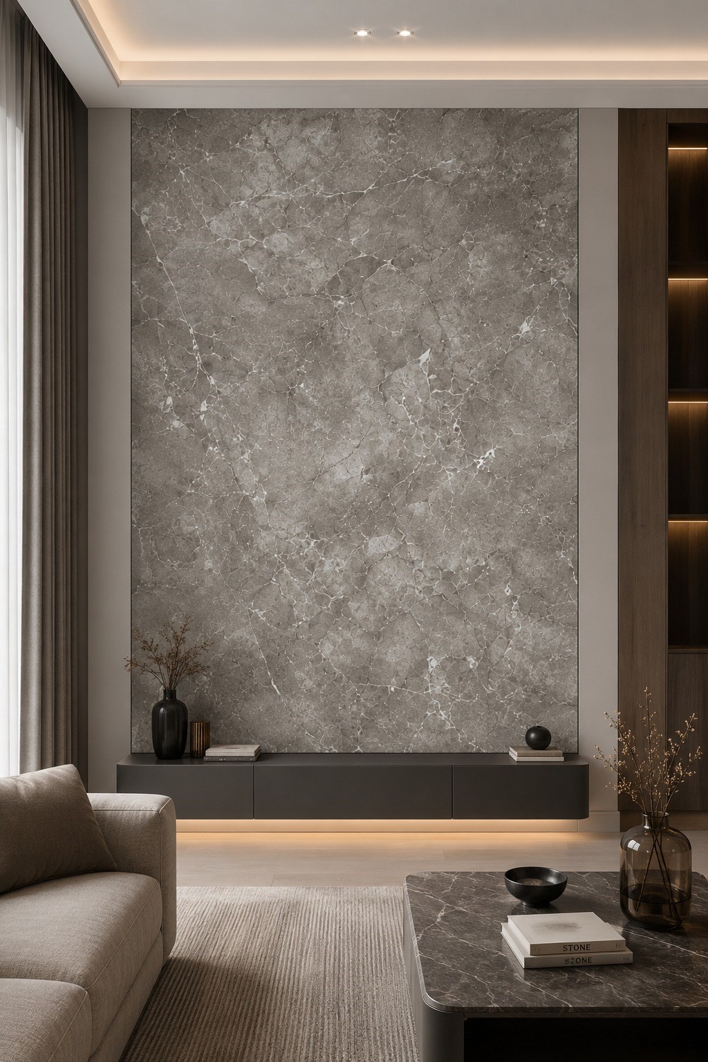 Gri Mix Mermer Desenli Bambu Duvar Paneli 122*244 cm