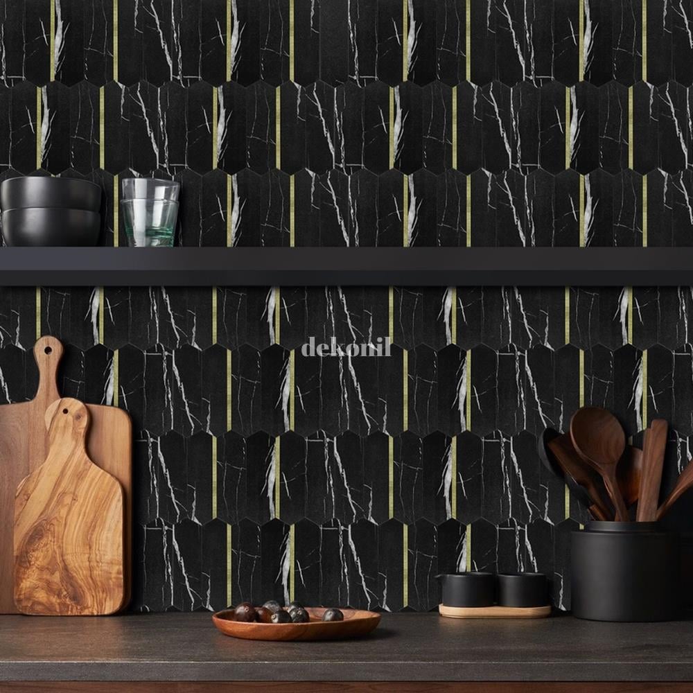 PrimeLock Kendinden Yapışkanlı Mozaik Karo Mermer Siyah Gold 27*27 cm (10 Adet)