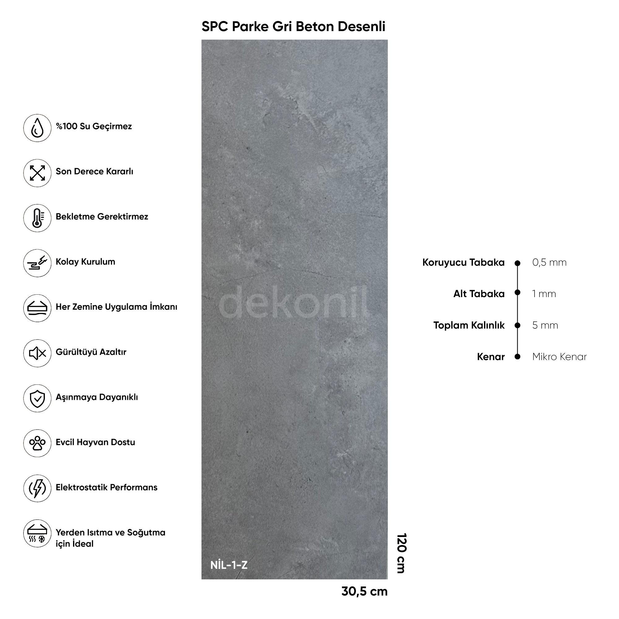 SPC Parke Gri Beton Desenli – Su Geçirmez Zemin Paneli 30,5*120 cm (Paket: 6 Adet / 2,23 m²)