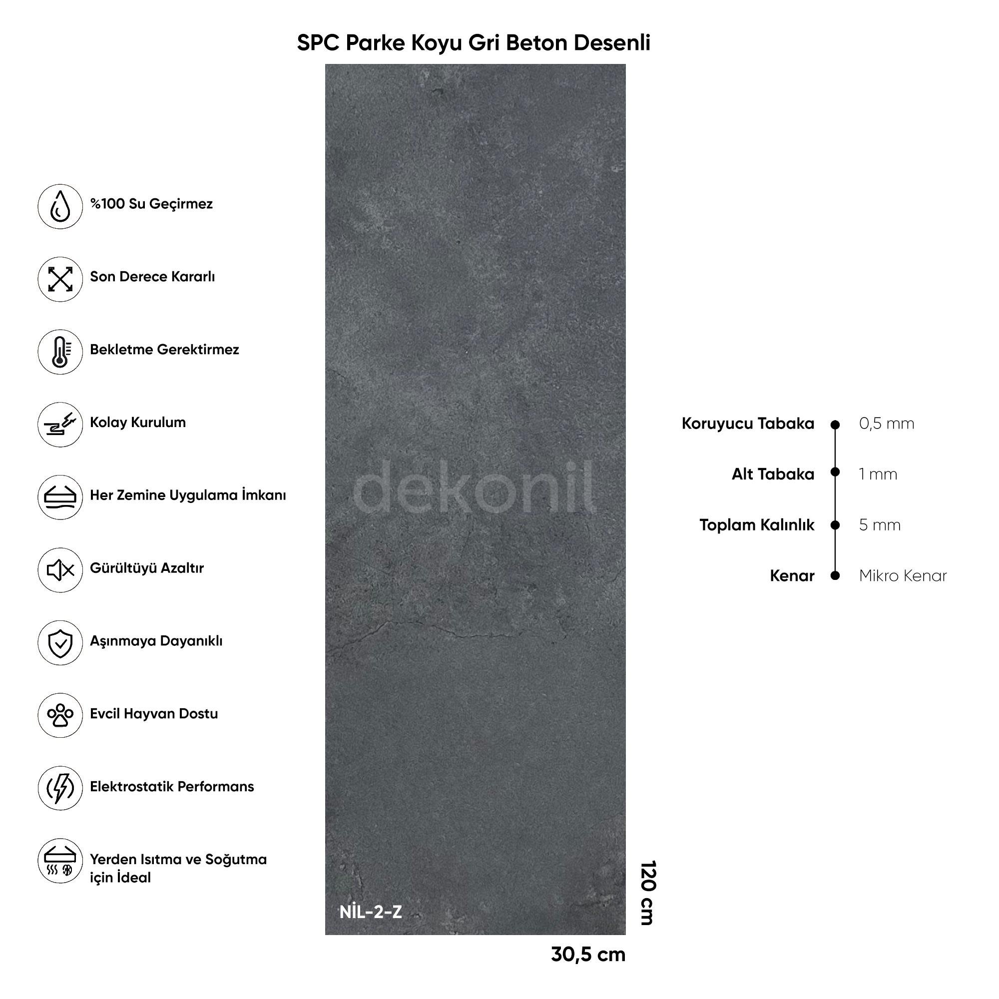 SPC Parke Koyu Gri Beton Desenli – Su Geçirmez Zemin Paneli 30,5*120 cm (Paket: 6 Adet / 2,23 m²)