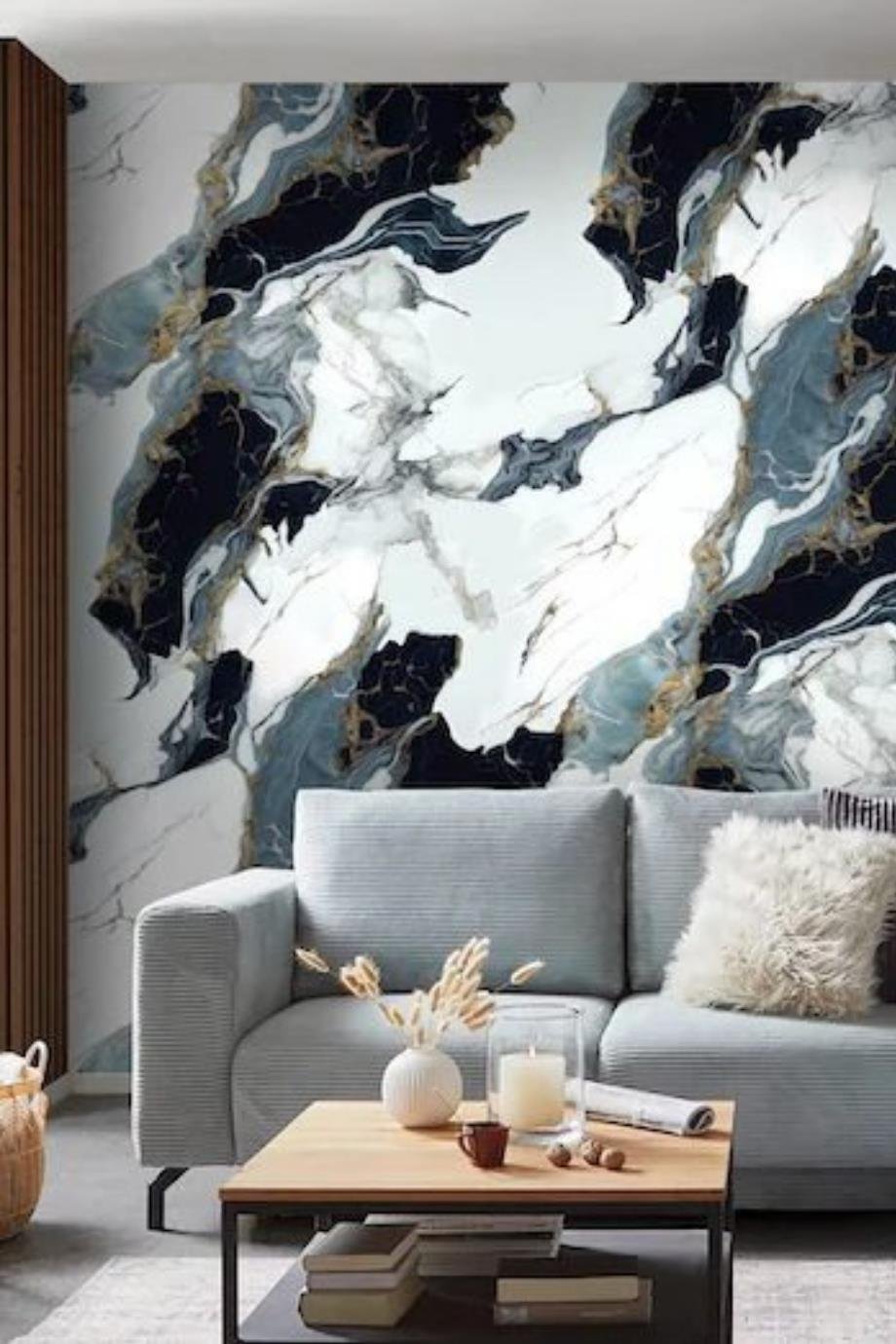 لوحة حائط من مادة البولي فينيل كلوريد بنمط رخامي أبيض أسود ذهبي 122*244 سم