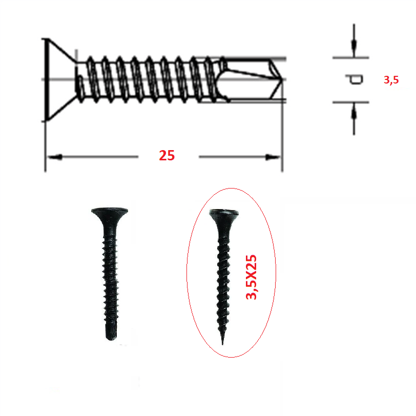 3.5X25 ALÇIPAN YHB SIK DİŞLİ VİDA -SİYAH