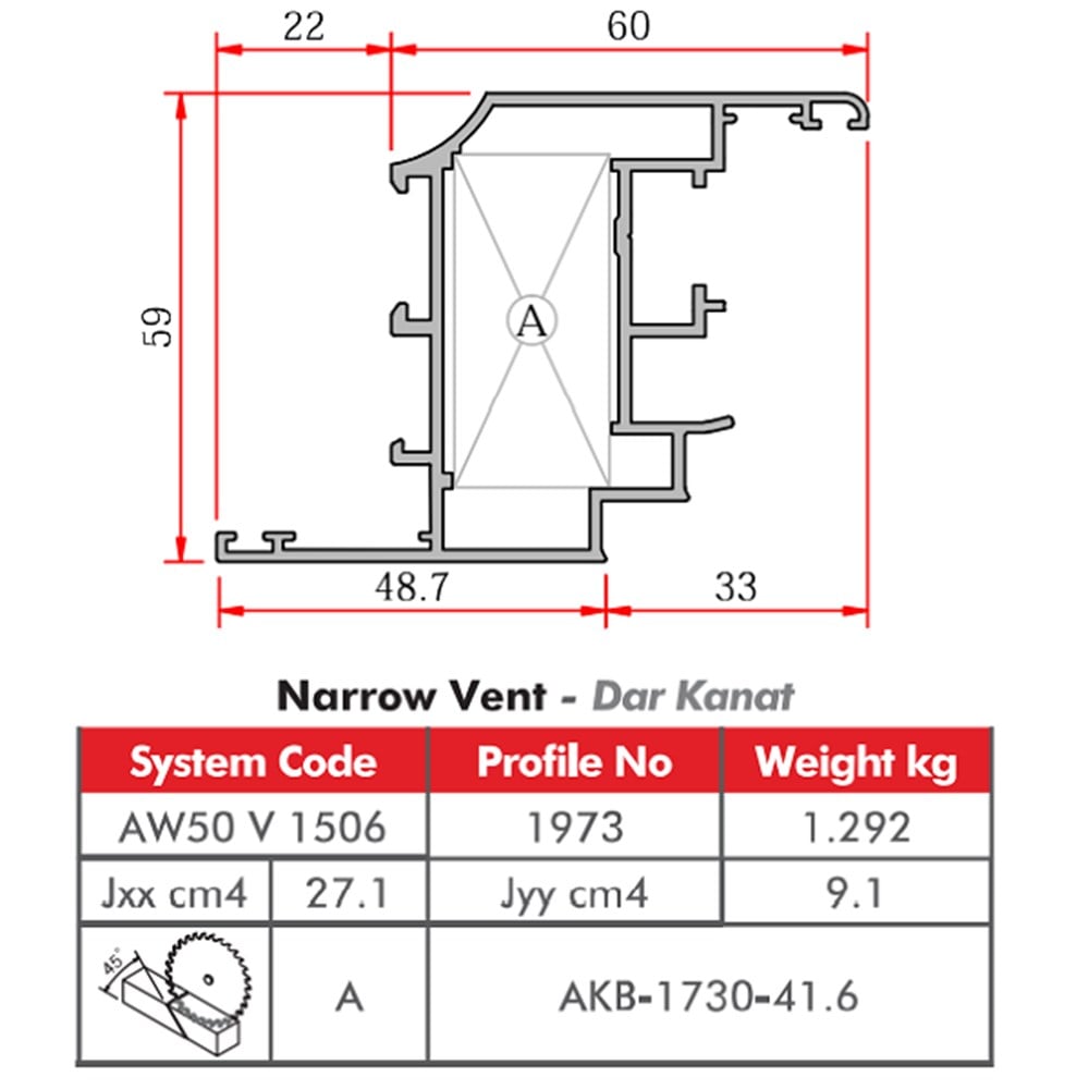 ALUMİNYUM PVC KANALLI PENCERE KANAT PROFİLİ  AW50 YALITIMSIZ