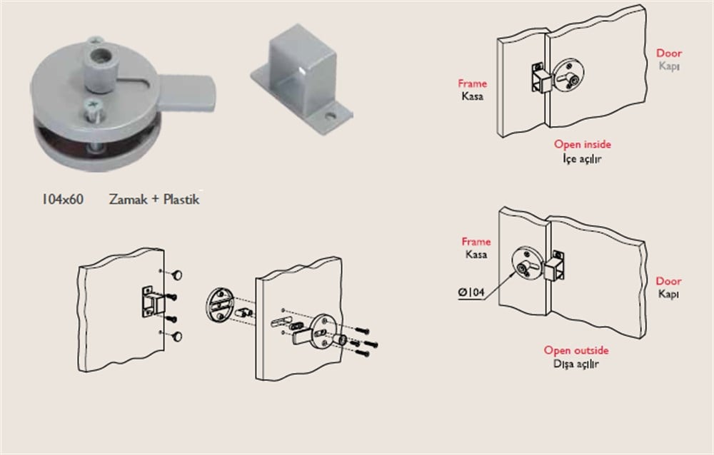 Kabin Kapı Sürgü Kilidi (Aluminyum ve Plastik)