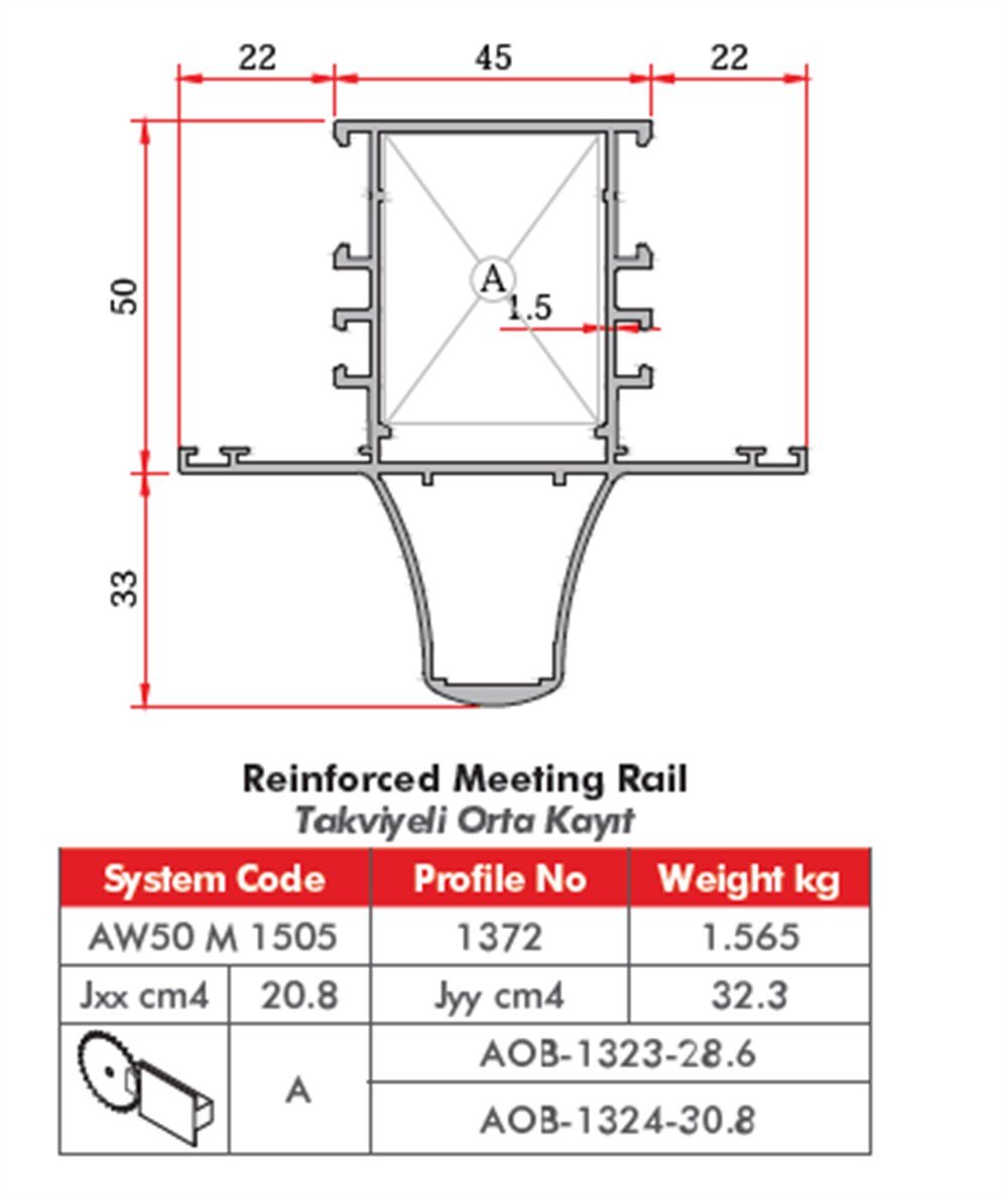 ALUMİNYUM TAKVİYELİ ORTA KAYIT PROFİLİ  AW50 YALITIMSIZ