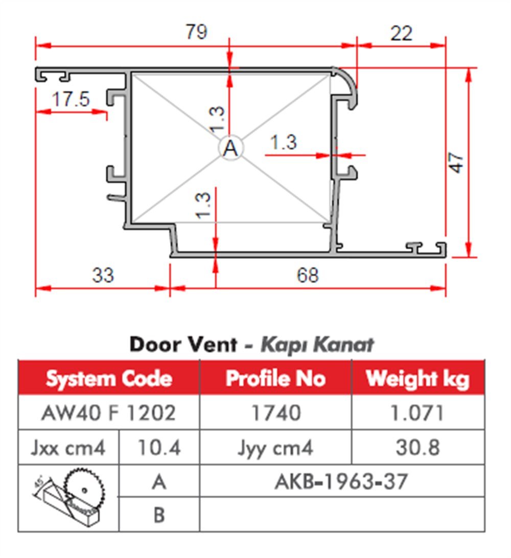 ALUMİNYUM KAPI KANAT PROFİLİ AW40 YALITIMSIZ