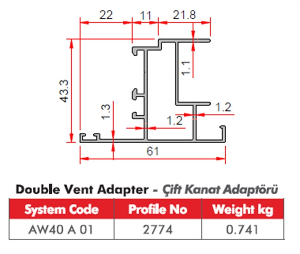 ALUMİNYUM HAREKETLİ ORTA KAYIT PROFİLİ AW40 YALITIMSIZ