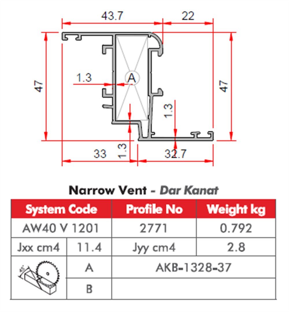 ALUMİNYUM PENCERE KANAT PROFİLİ AW40 YALITIMSIZ