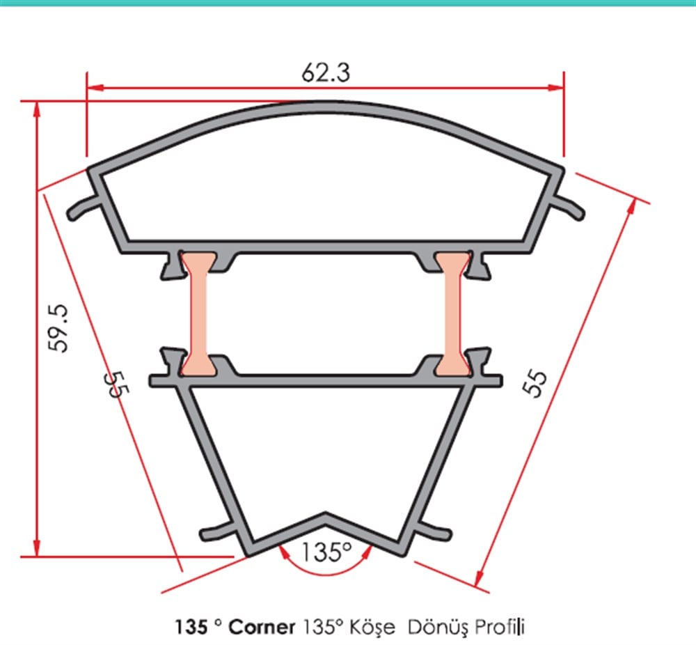 ALUMİNYUM 135 KÖŞE DÖNÜŞ PROFİLİ  55 LİK SERİ YALITIMLI