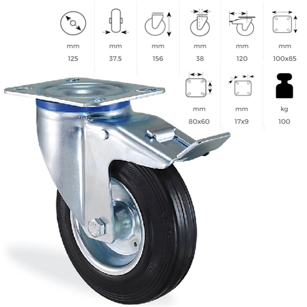 LASTİK KAPLAMA ORTA YÜK TAŞIMA TEKERİ 125 mm 