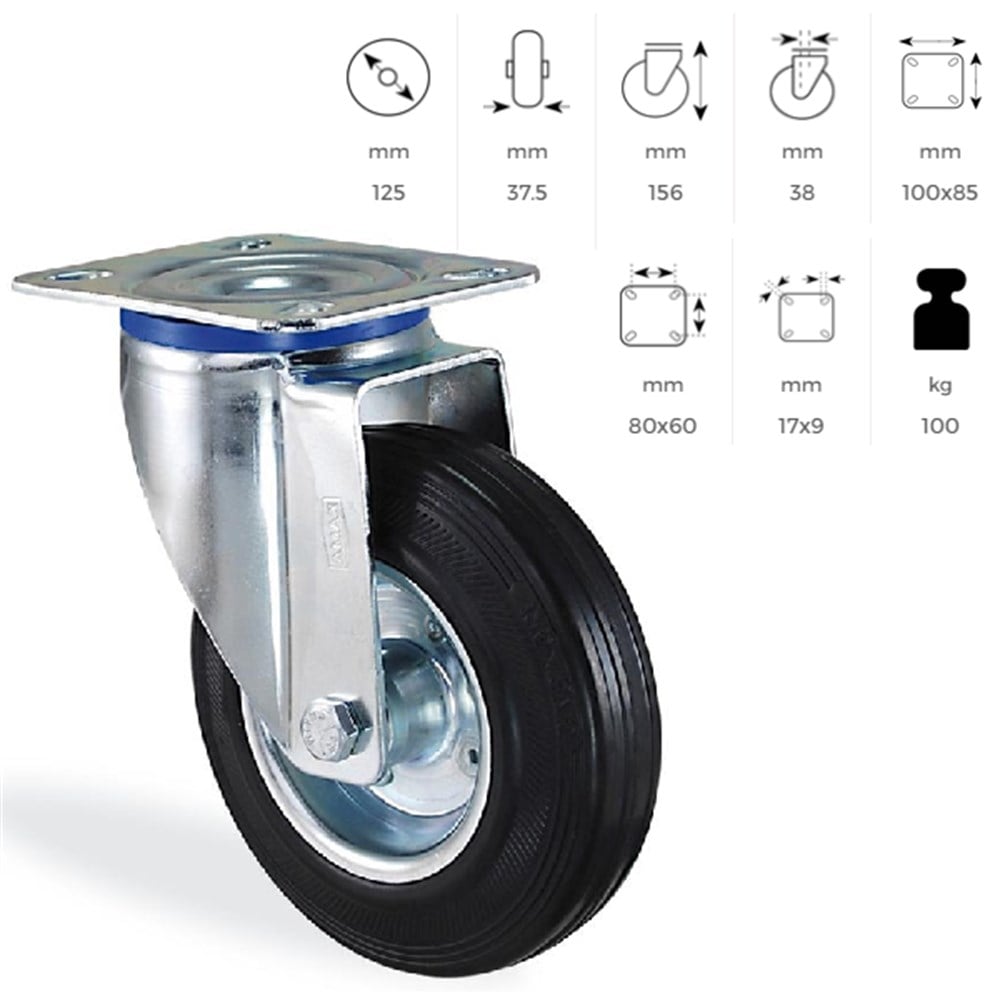 LASTİK KAPLAMA ORTA YÜK TAŞIMA TEKERİ 125 mm 
