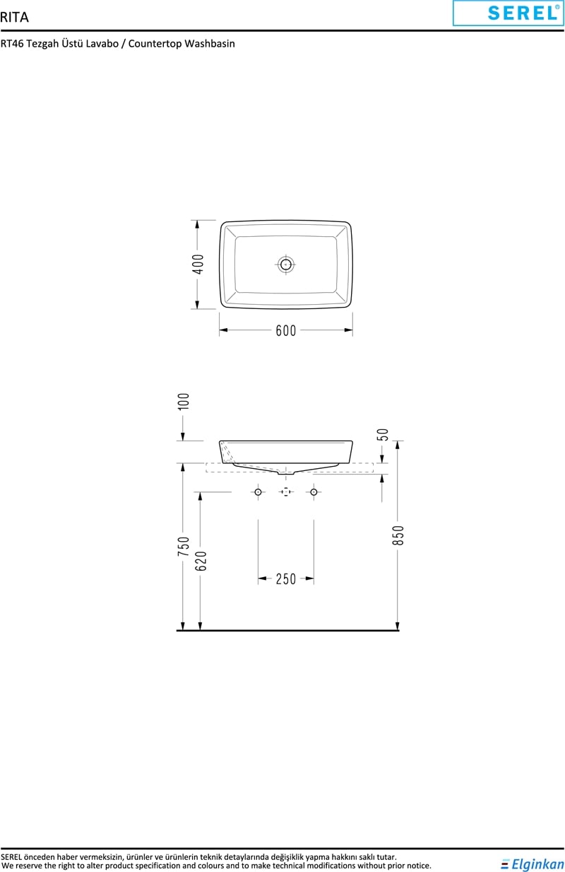 SEREL RİTA TEZGAH ÜSTÜ LAVABO 40x60 cm SLİM KENARLI
