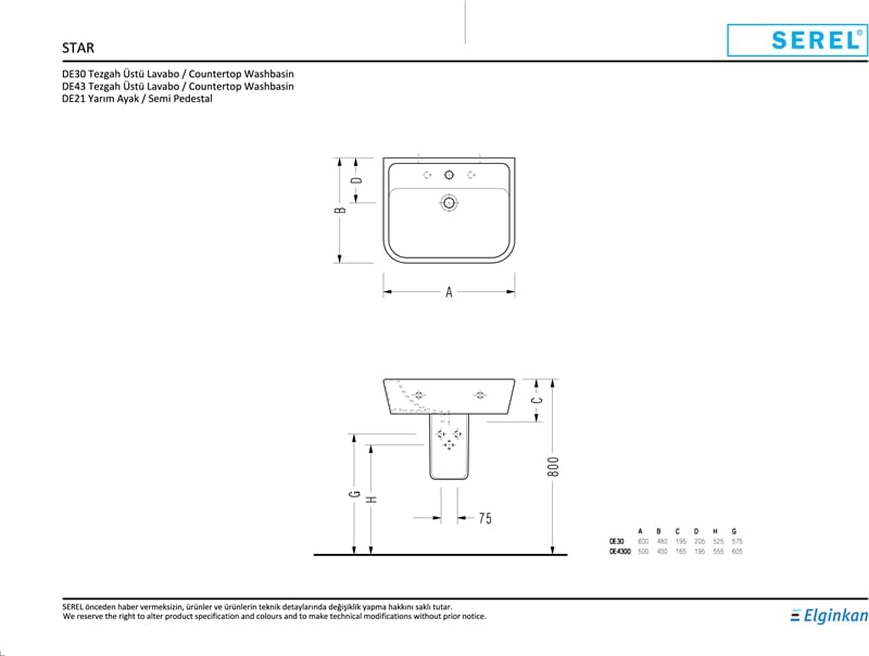 SEREL STAR LAVABO İNCE KENARLI 48x60 cm ve YARIM AYAK
