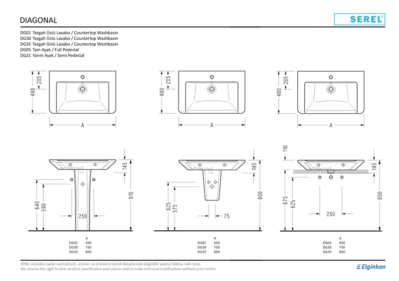 SEREL DİAGONAL LAVABO  48x65 cm ve YARIM AYAK